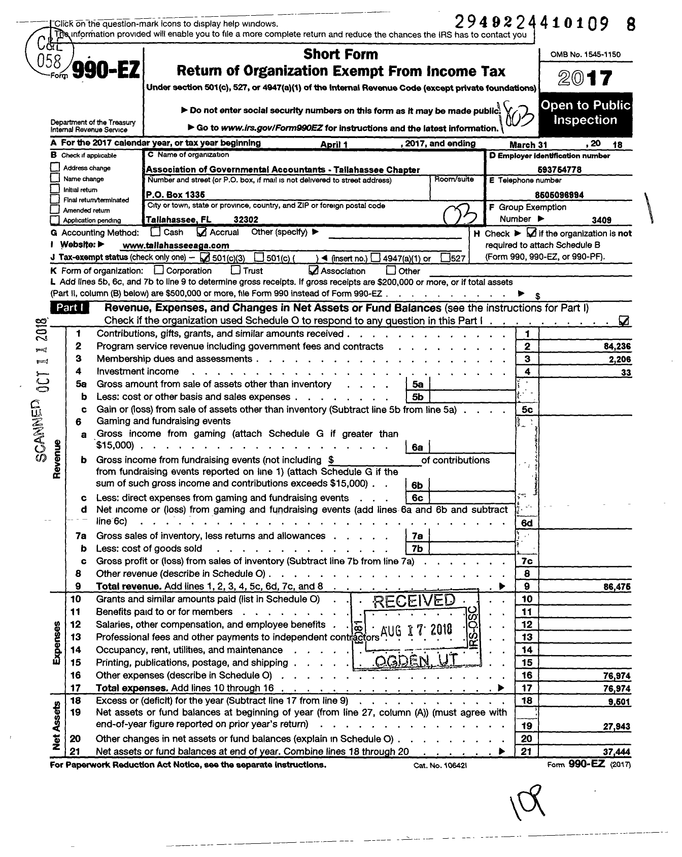 Image of first page of 2017 Form 990EZ for Association of Government Accountants / Tallahassee Chapter