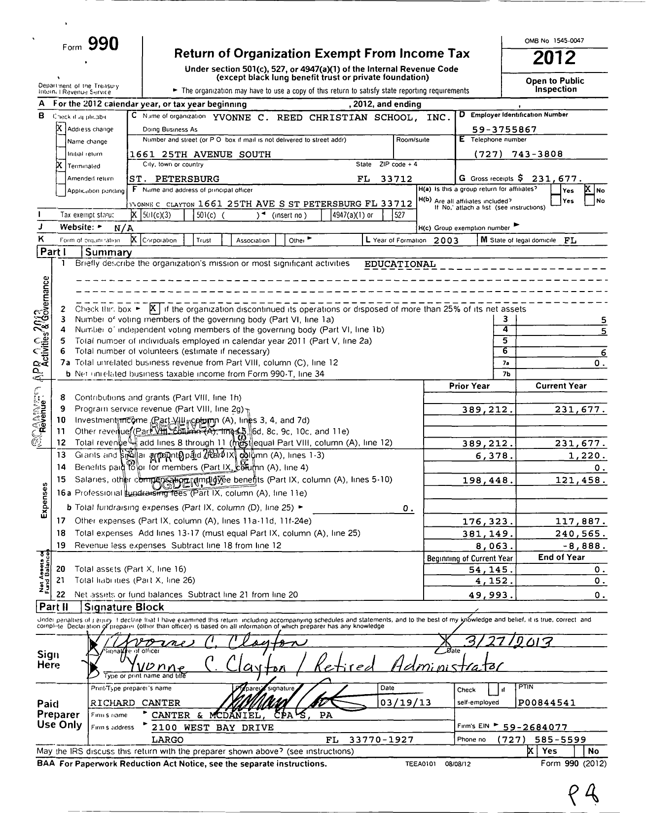 Image of first page of 2012 Form 990 for Yvonne C Reed Christian School