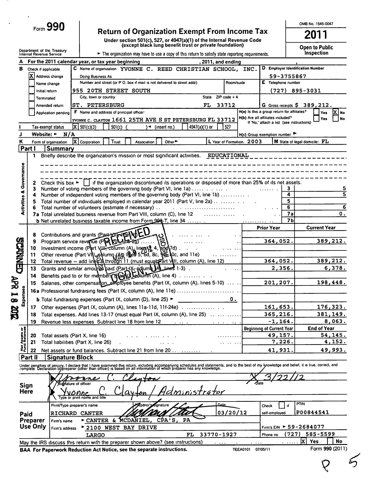 Image of first page of 2011 Form 990 for Yvonne C Reed Christian School