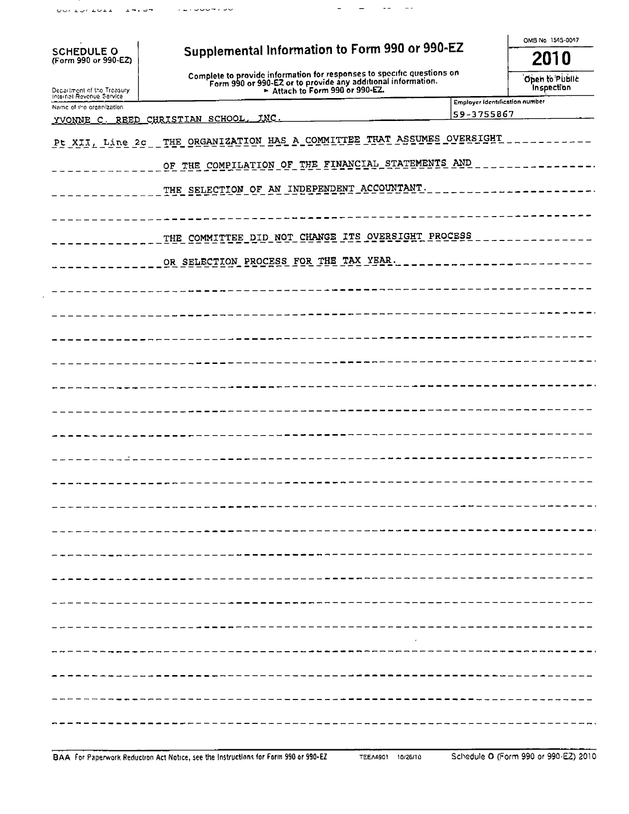 Image of first page of 2010 Form 990R for Yvonne C Reed Christian School