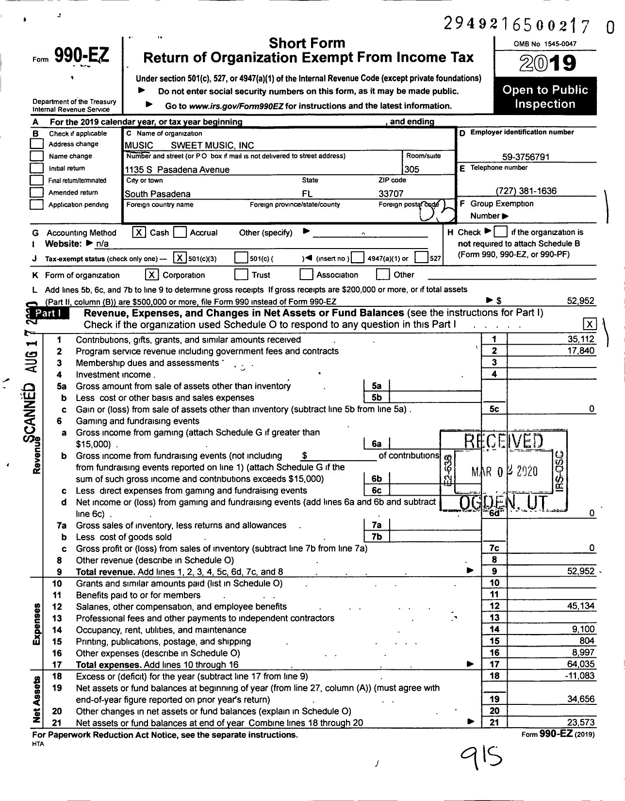 Image of first page of 2019 Form 990EZ for Music Sweet Music