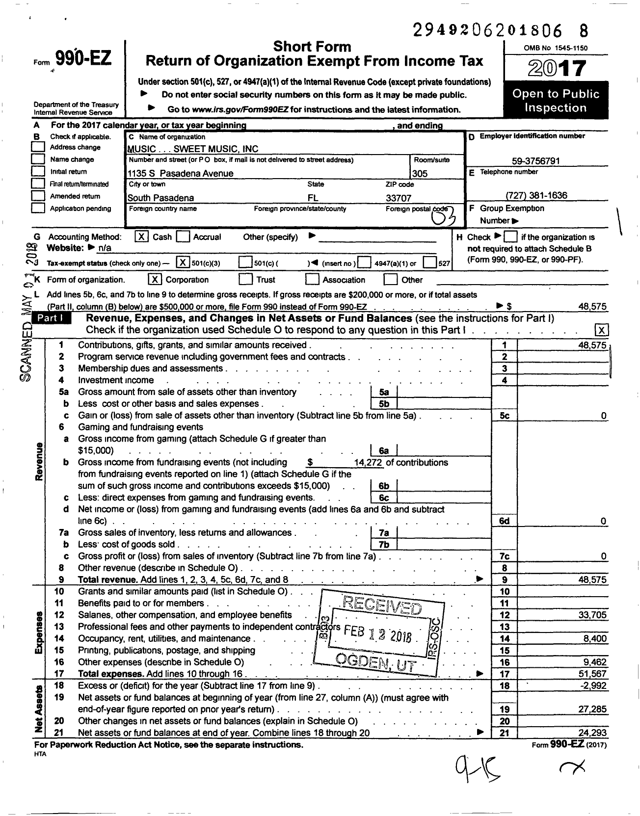 Image of first page of 2017 Form 990EZ for Music Sweet Music