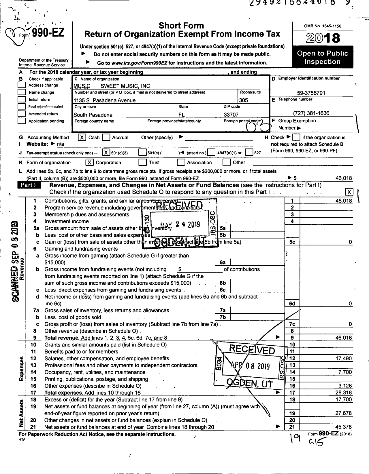 Image of first page of 2018 Form 990EZ for Music Sweet Music