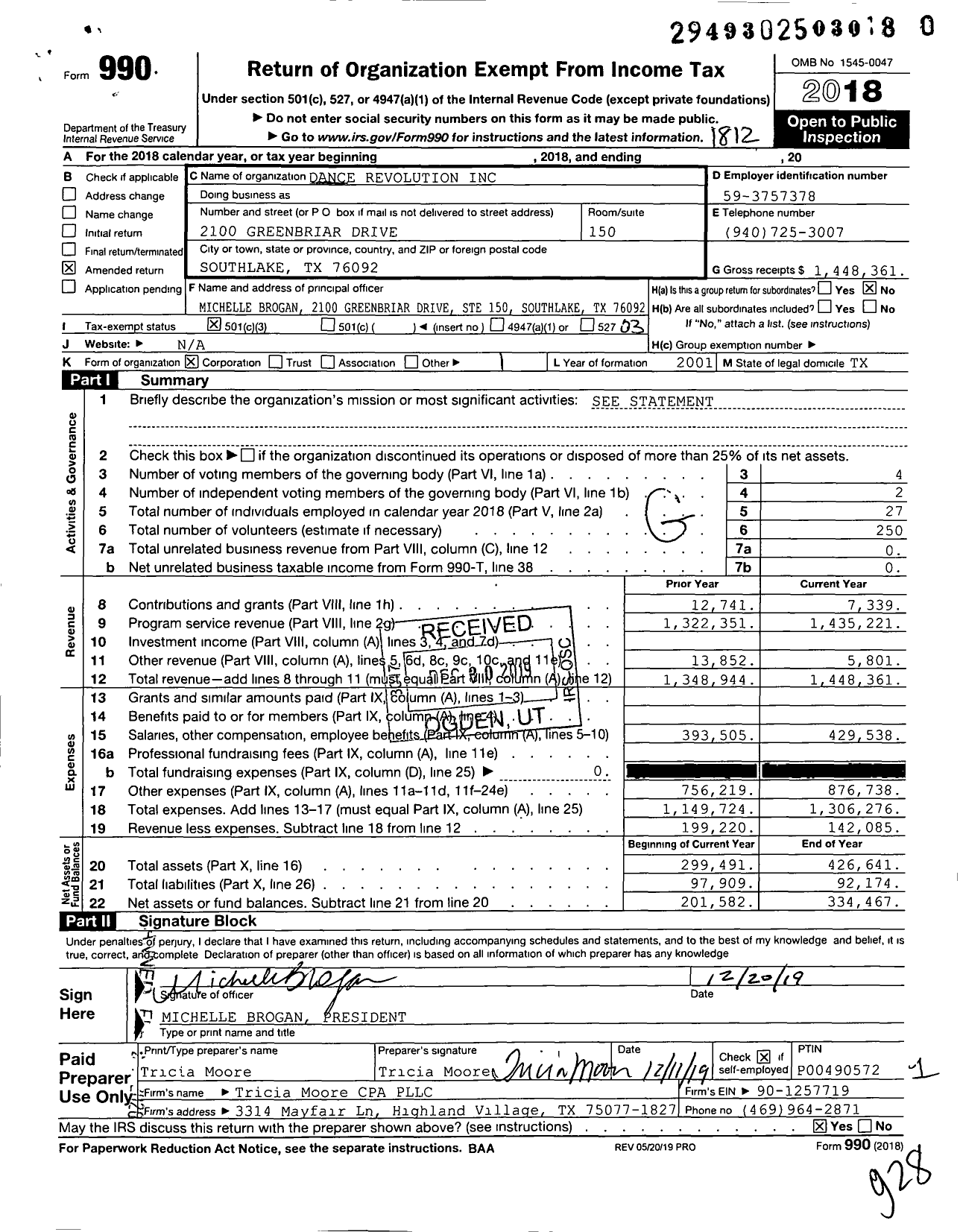 Image of first page of 2018 Form 990 for Dance Revolution and the Epicenter for the Arts