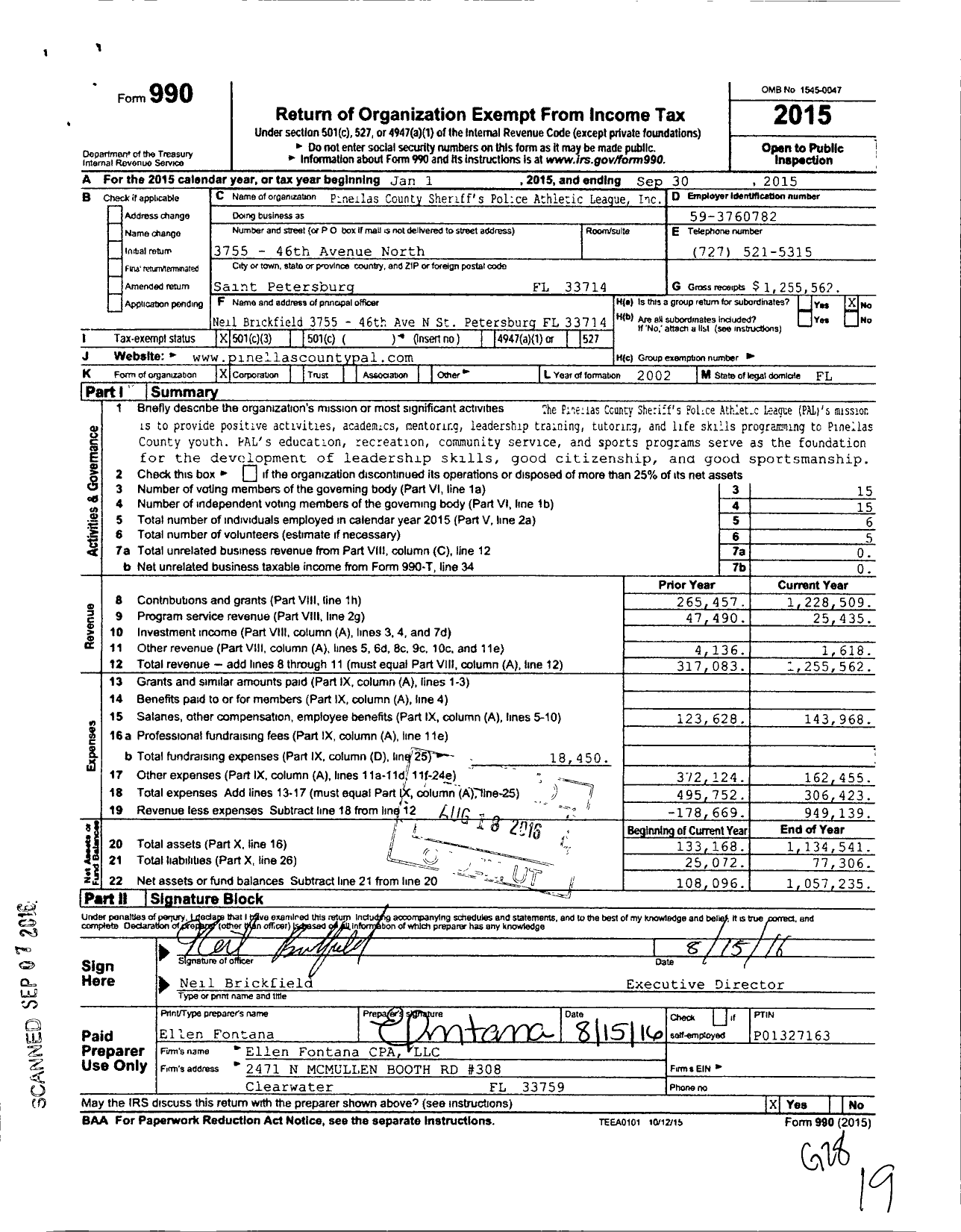 Image of first page of 2014 Form 990 for Pinellas County Sheriff's Police Athletic League