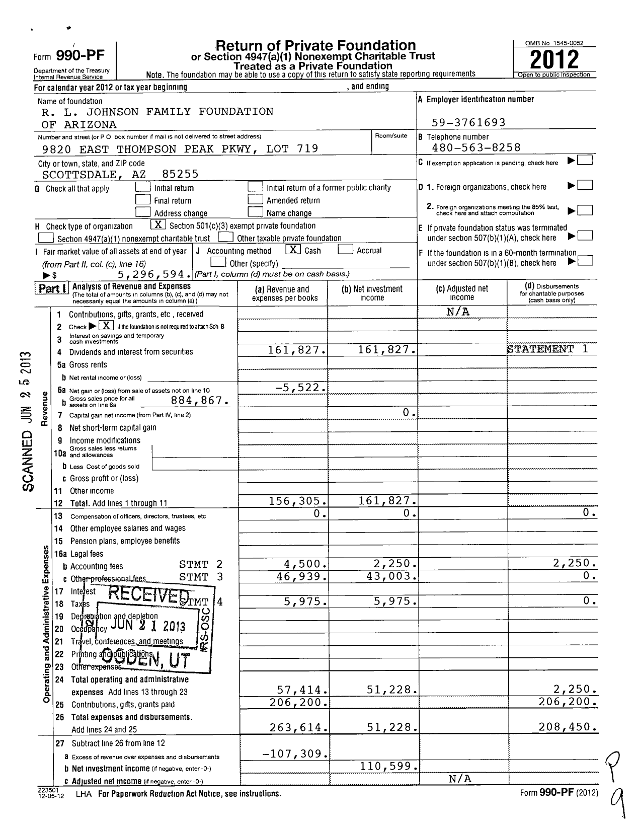 Image of first page of 2012 Form 990PF for R L Johnson Family Foundation of Arizona