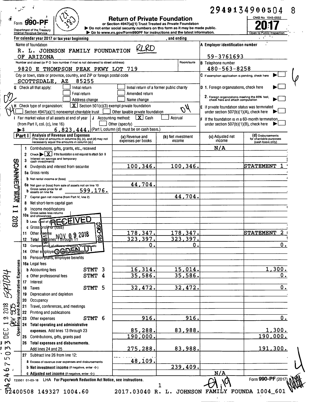 Image of first page of 2017 Form 990PF for R L Johnson Family Foundation of Arizona