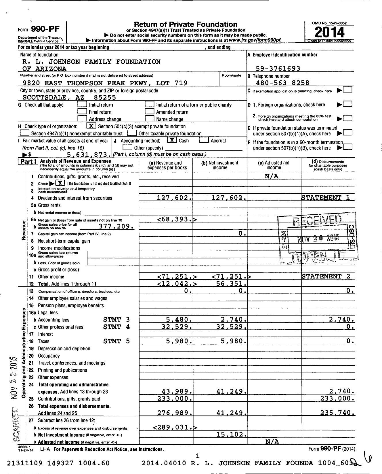 Image of first page of 2014 Form 990PF for R L Johnson Family Foundation of Arizona