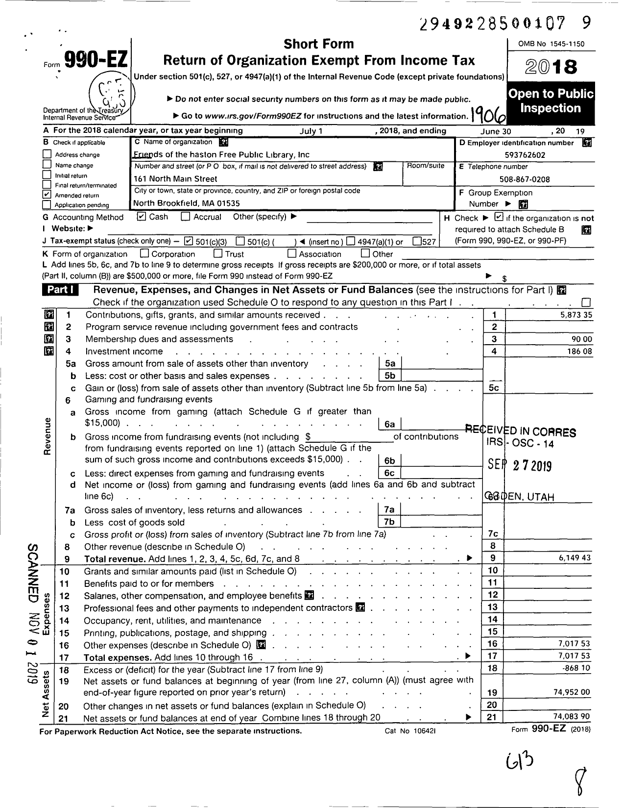 Image of first page of 2018 Form 990EZ for Friends of the Haston Free Public Library