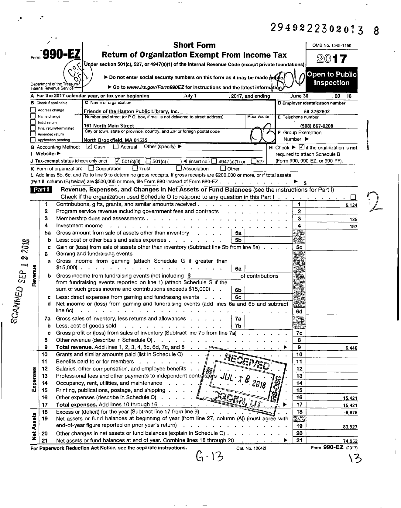 Image of first page of 2017 Form 990EZ for Friends of the Haston Free Public Library