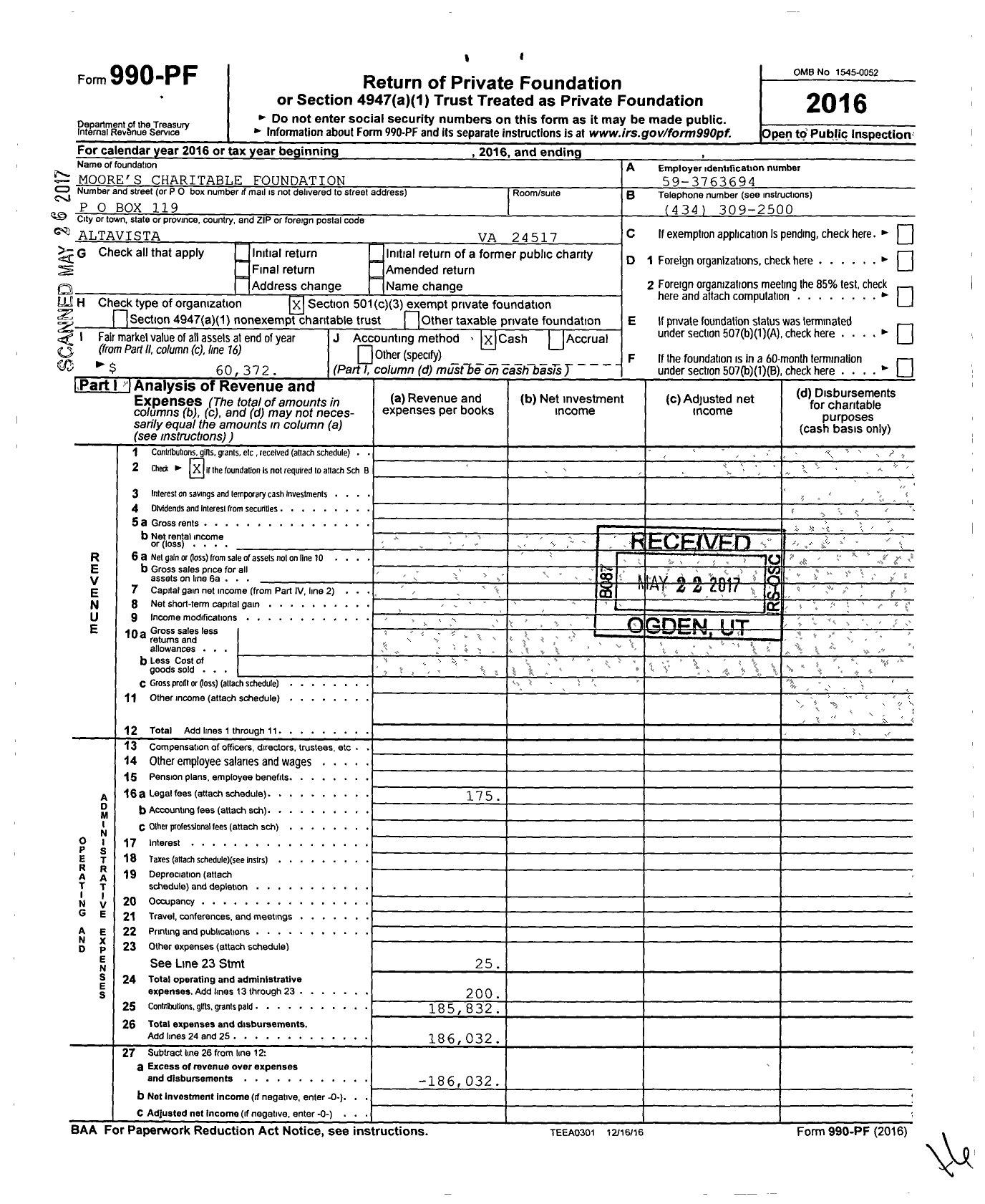 Image of first page of 2016 Form 990PF for Moore's Charitable Foundation