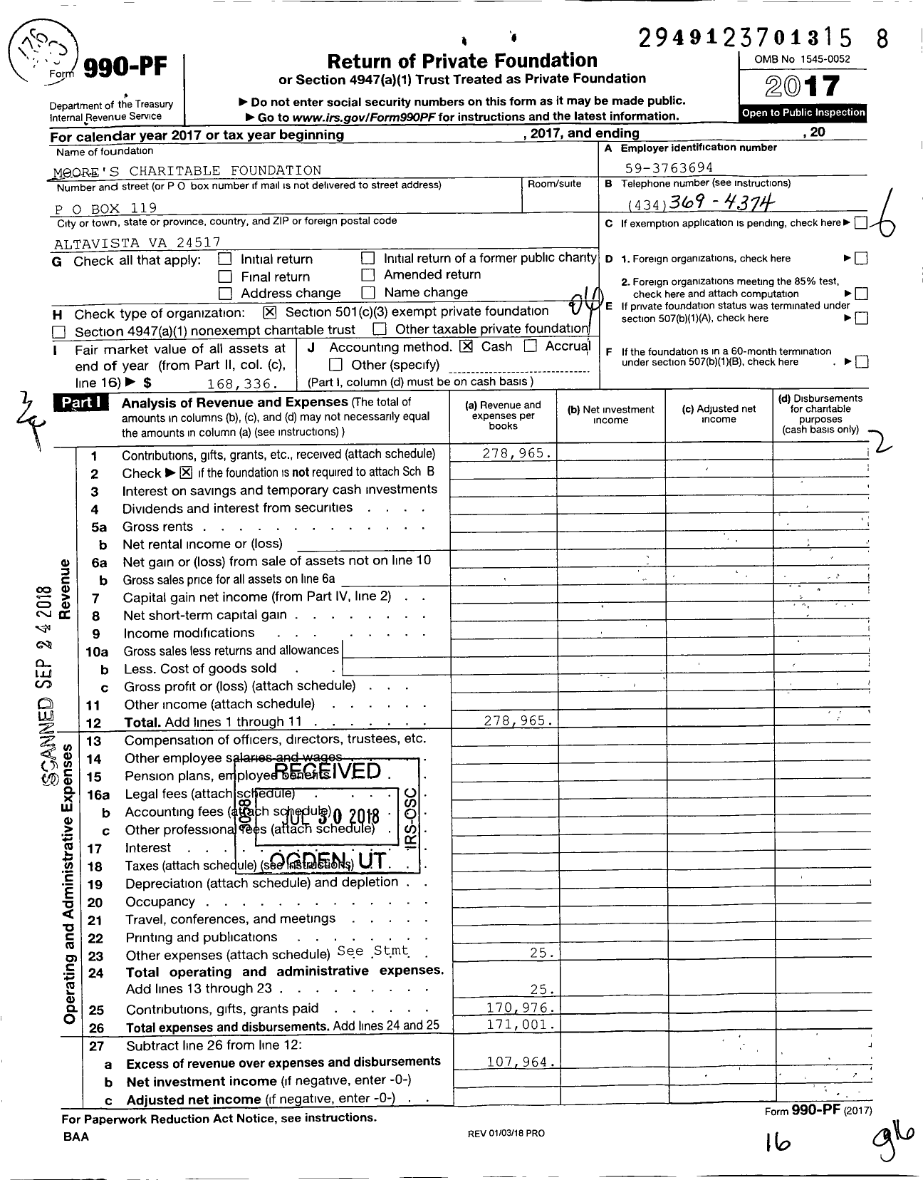 Image of first page of 2017 Form 990PF for Moore's Charitable Foundation