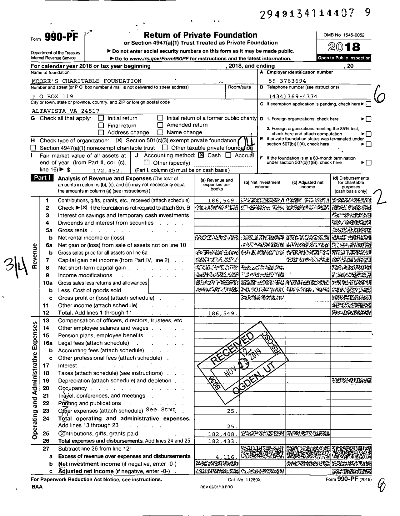 Image of first page of 2018 Form 990PF for Moore's Charitable Foundation