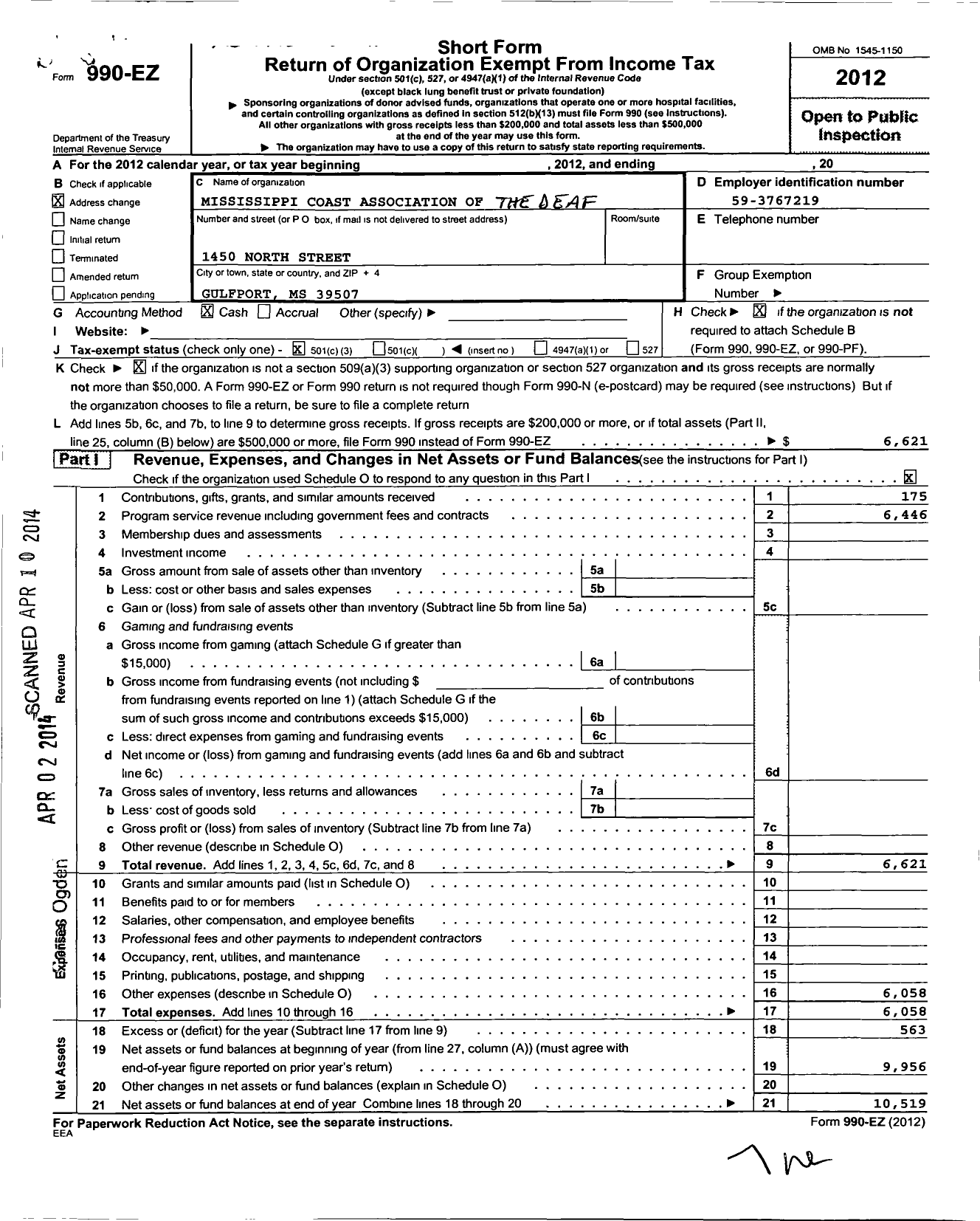 Image of first page of 2012 Form 990EZ for Mississippi Coast Association of the Deaf