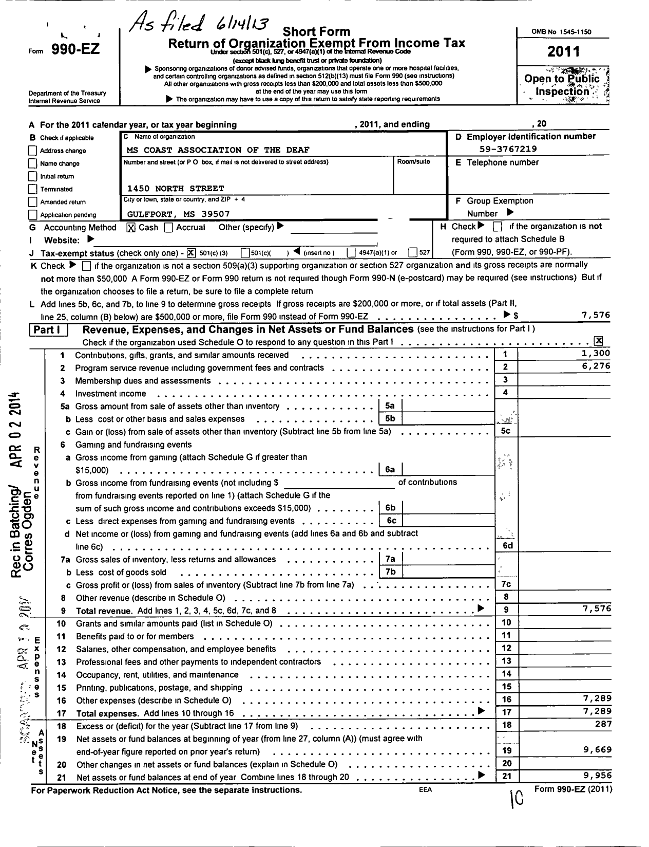 Image of first page of 2011 Form 990EZ for Mississippi Coast Association of the Deaf