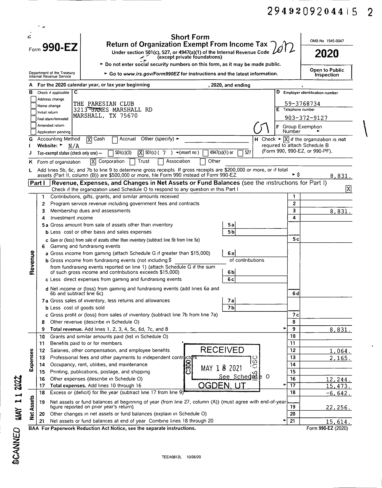 Image of first page of 2020 Form 990EO for The Paresian Club