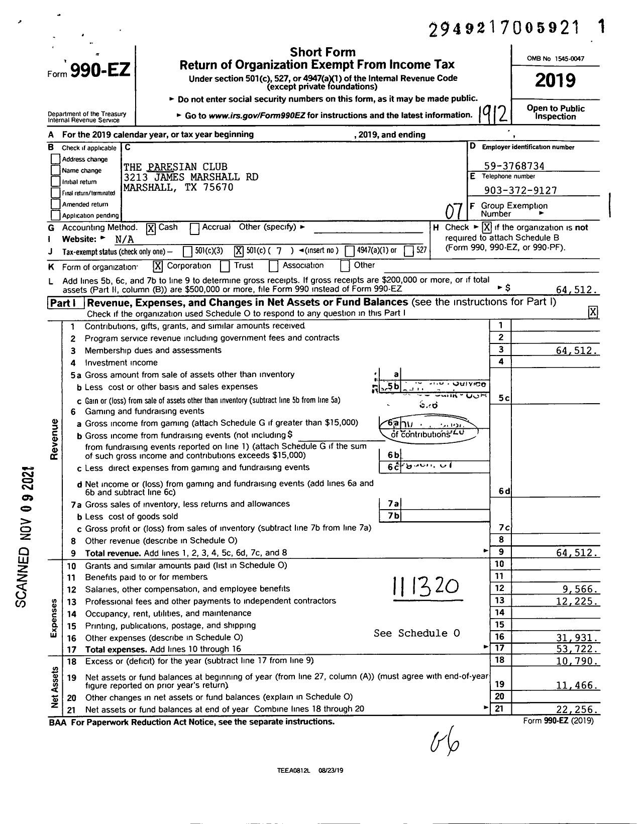 Image of first page of 2019 Form 990EO for The Paresian Club