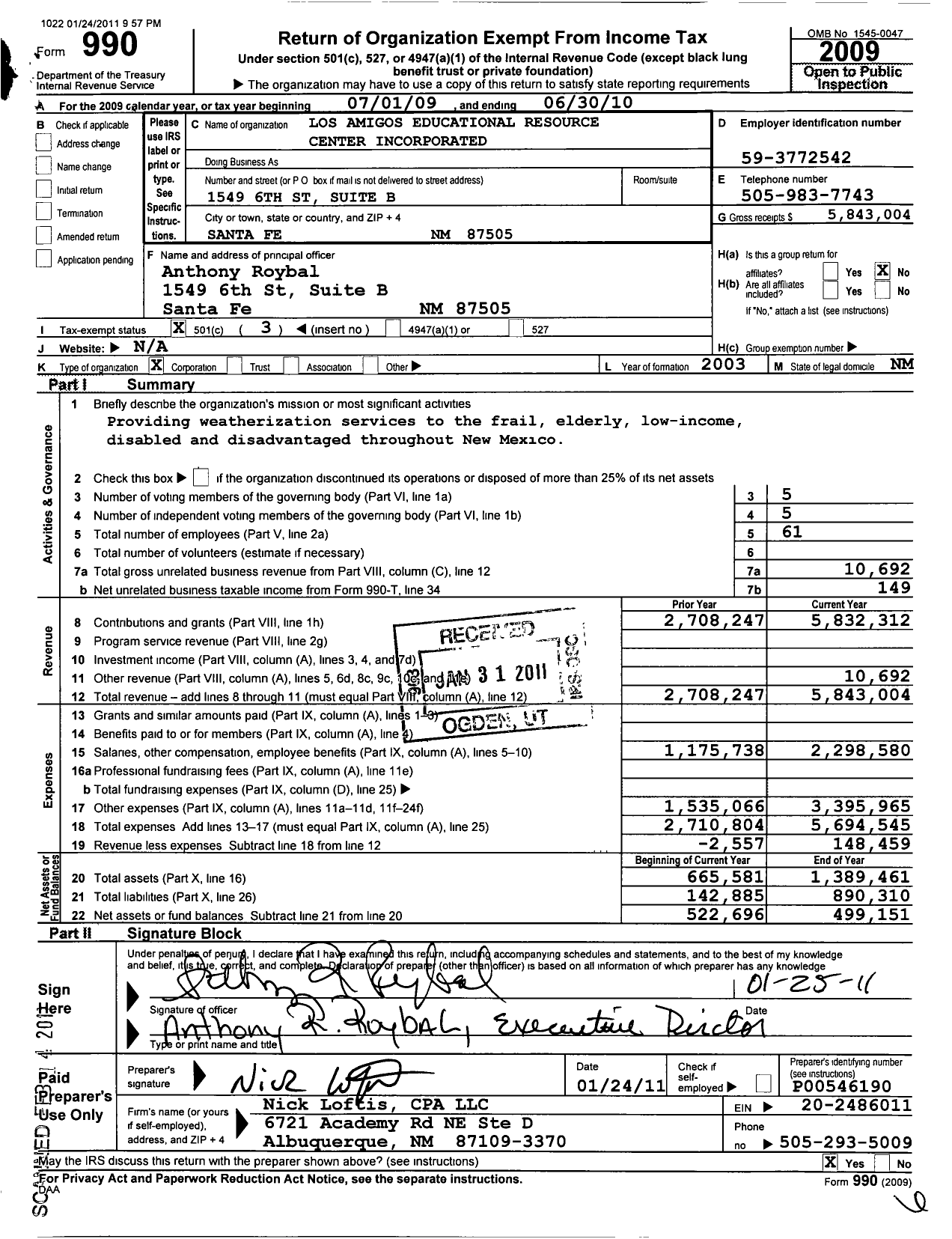Image of first page of 2009 Form 990 for Los Amigos Educational Resource Center Incorporated