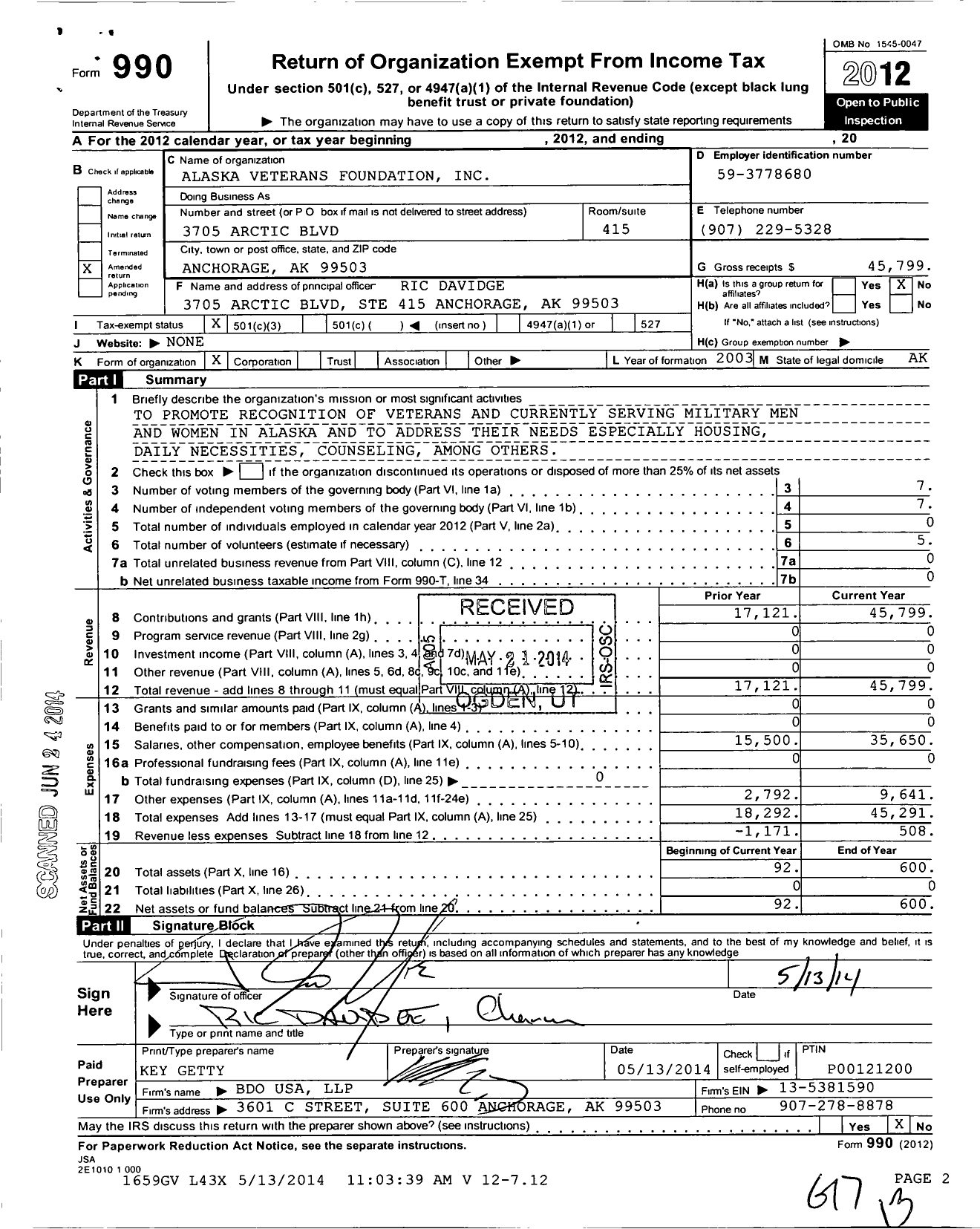 Image of first page of 2012 Form 990 for Alaska Veterans Foundation