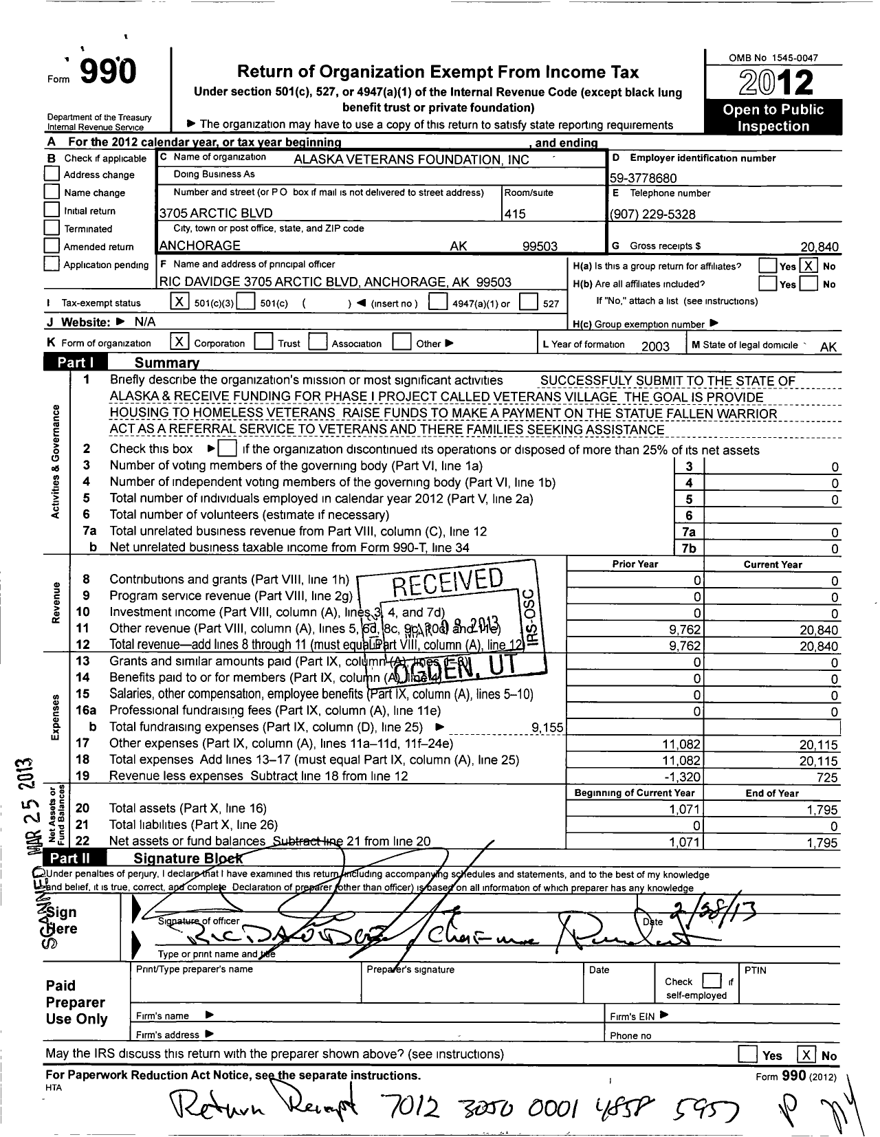 Image of first page of 2012 Form 990 for Alaska Veterans Foundation