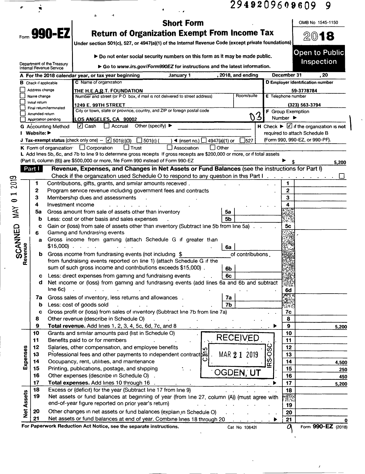 Image of first page of 2018 Form 990EZ for H E A R T Foundation