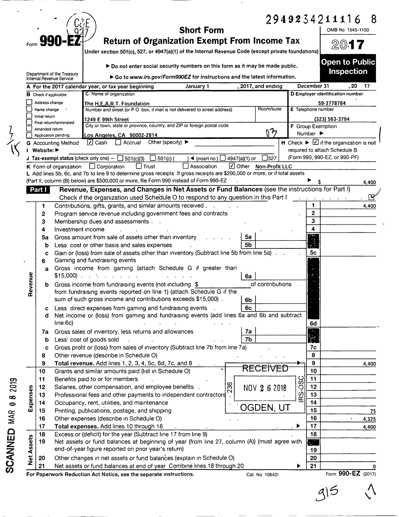 Image of first page of 2017 Form 990EZ for H E A R T Foundation