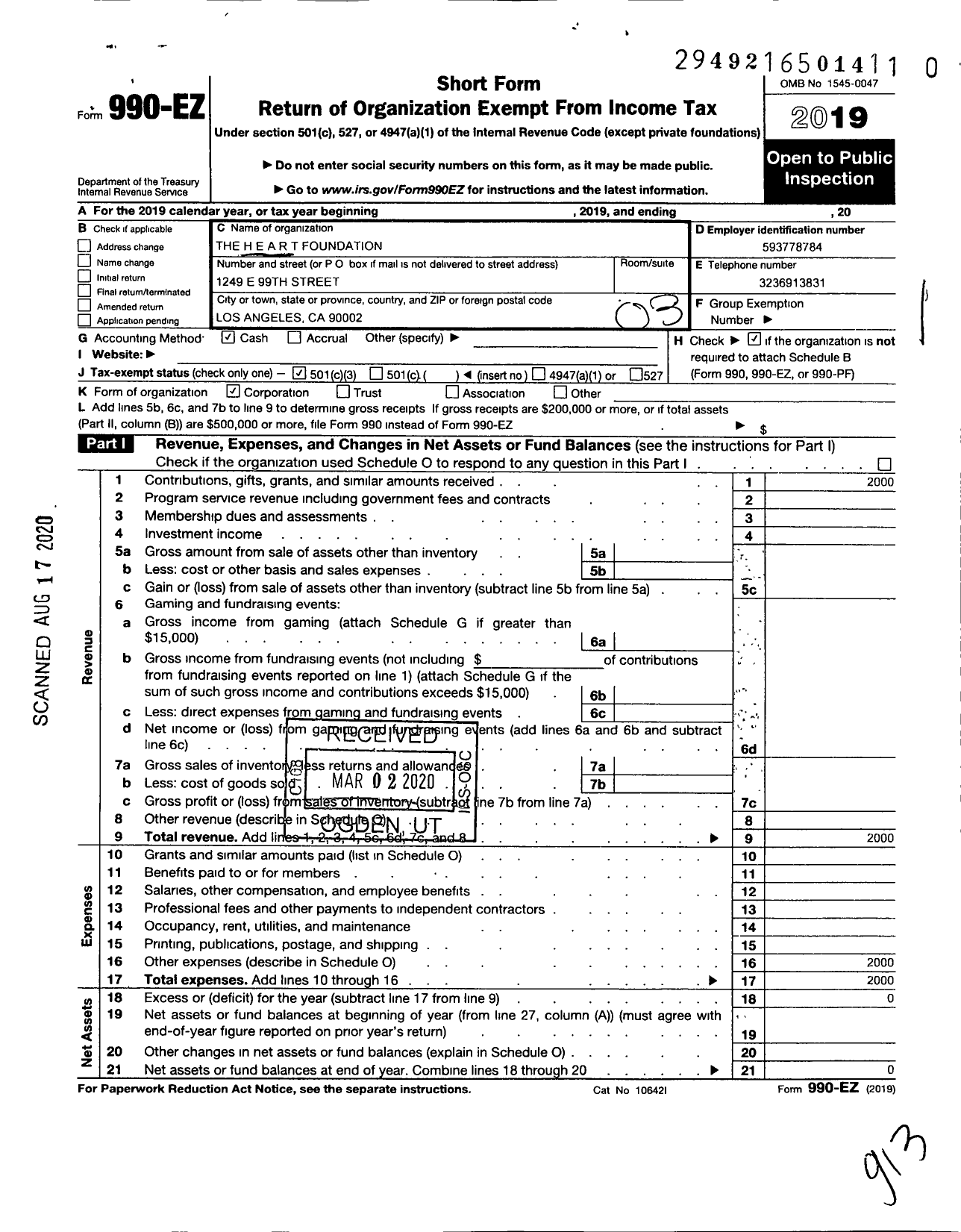 Image of first page of 2019 Form 990EZ for H E A R T Foundation