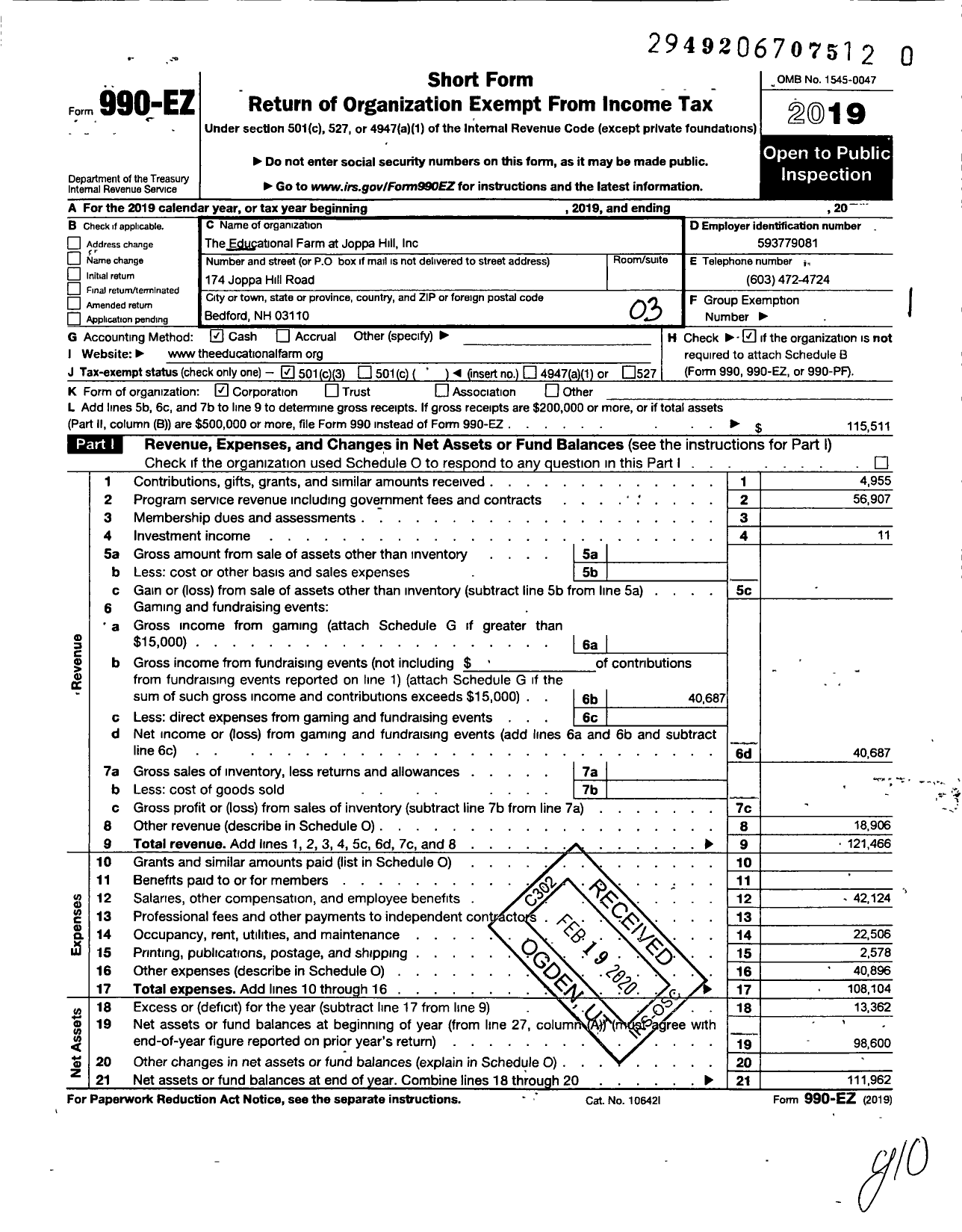 Image of first page of 2019 Form 990EZ for The Educational Farm at Joppa Hill