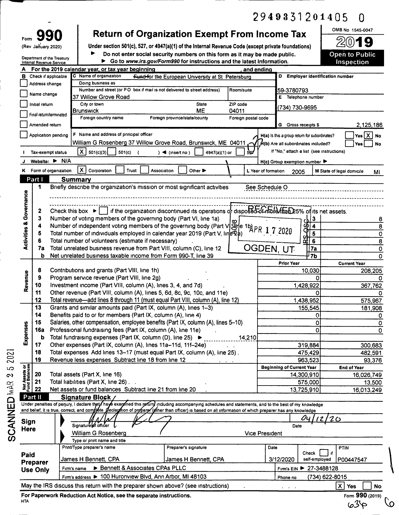 Image of first page of 2019 Form 990 for Fund for the European University at St Petersburg