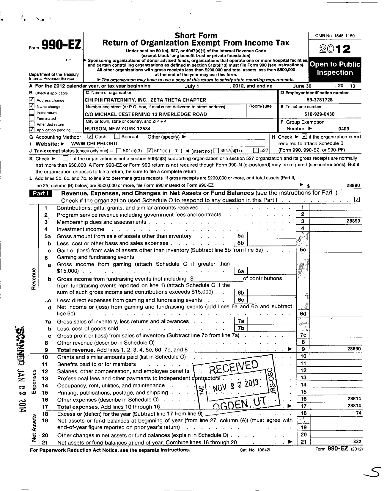 Image of first page of 2012 Form 990EO for Chi Phi Fraternity