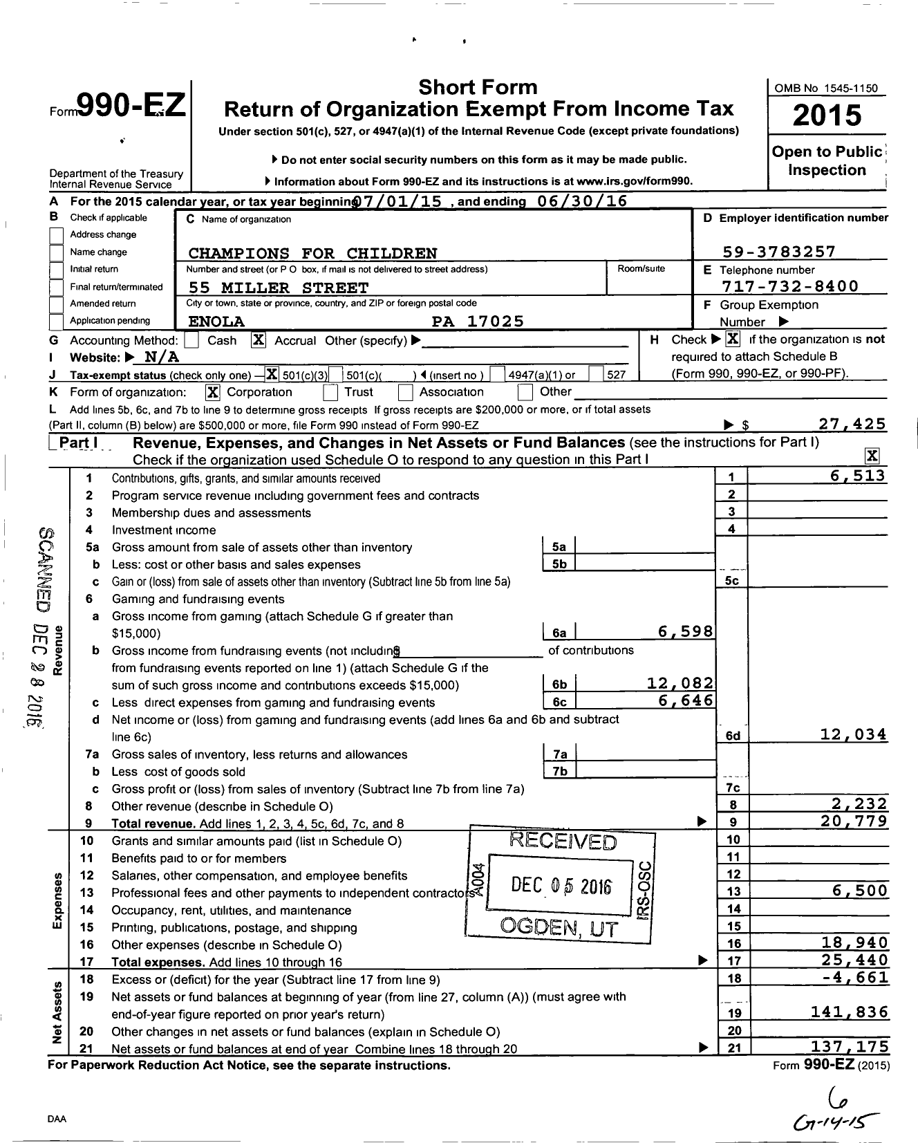 Image of first page of 2015 Form 990EZ for Champions for Children