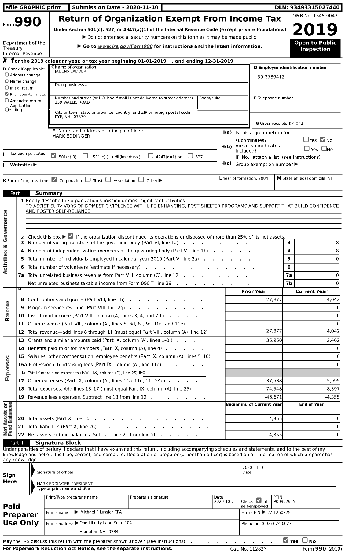 Image of first page of 2019 Form 990 for Jadens Ladder