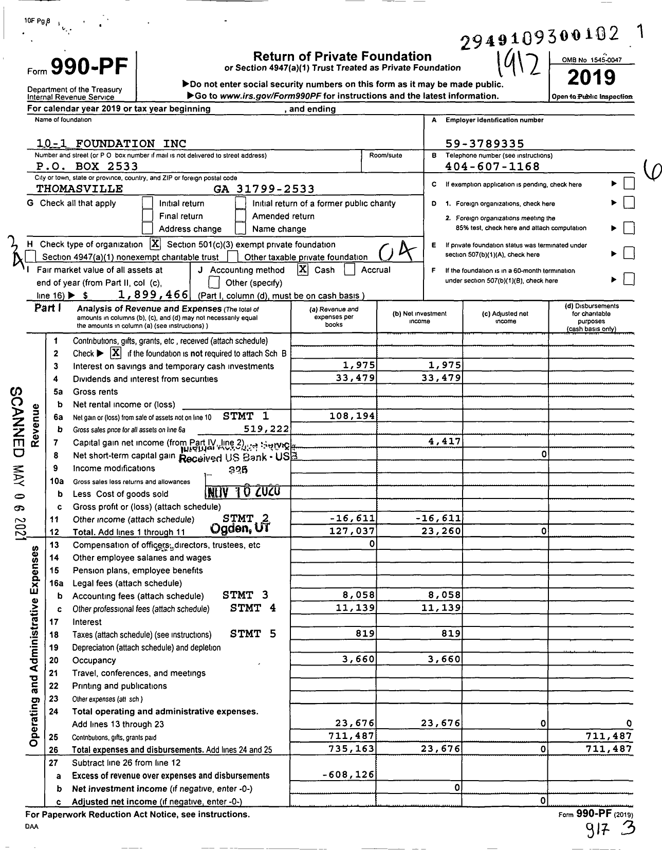 Image of first page of 2019 Form 990PF for 10-1 Foundation