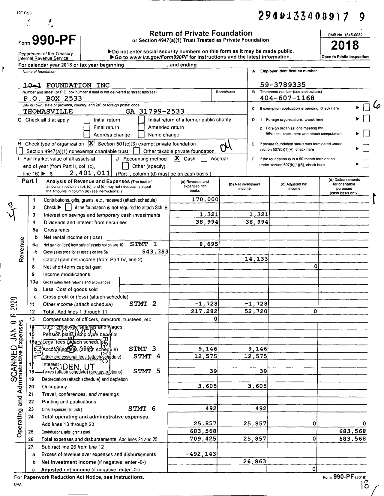 Image of first page of 2018 Form 990PF for 10-1 Foundation