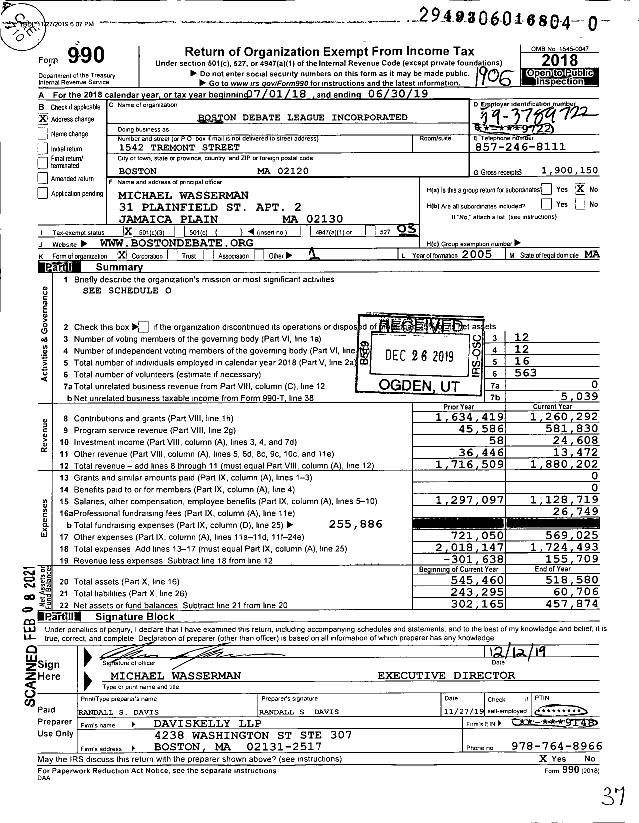 Image of first page of 2018 Form 990 for Boston Debate League (BDL)