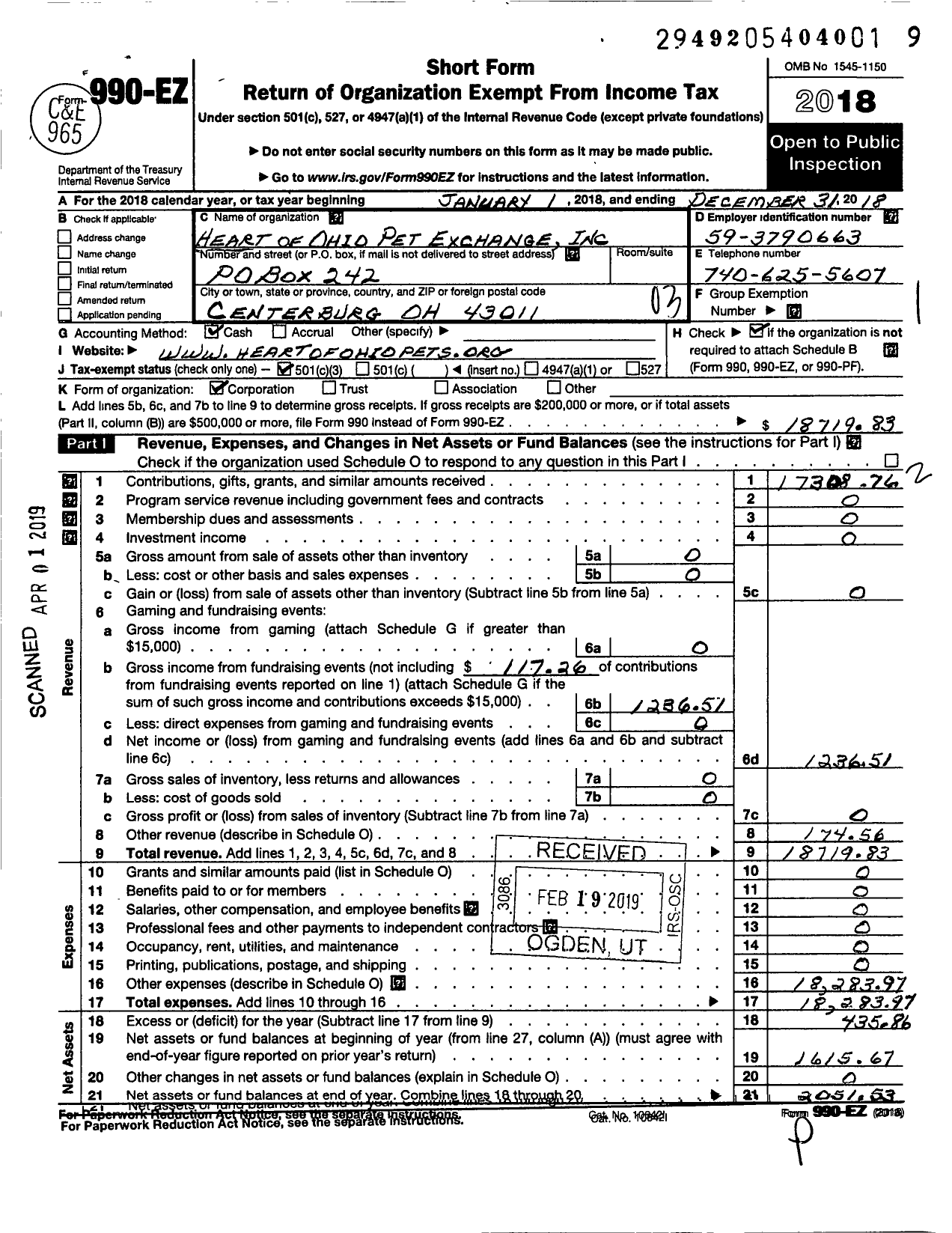 Image of first page of 2018 Form 990EZ for Heart of Ohio Pet Exchange