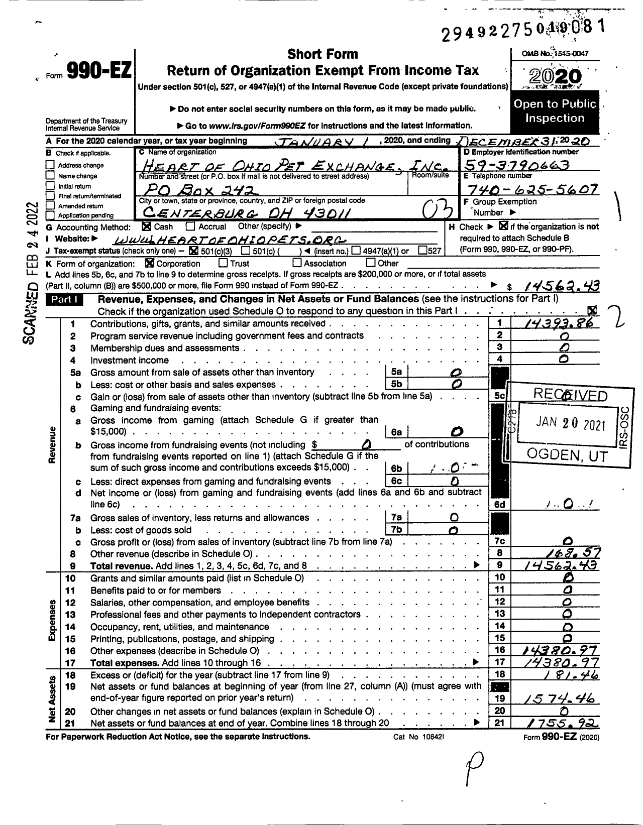 Image of first page of 2020 Form 990EZ for Heart of Ohio Pet Exchange
