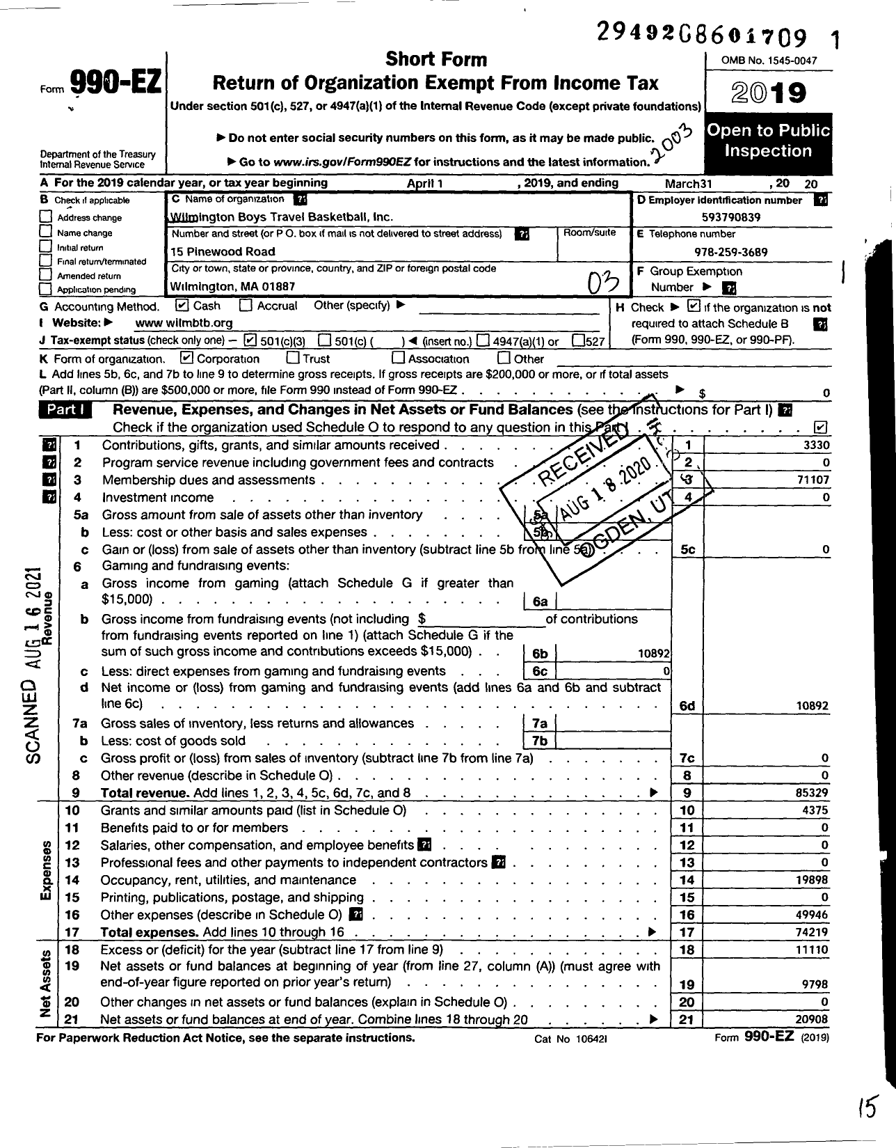 Image of first page of 2019 Form 990EZ for Wilmington Boys Travel Basketball