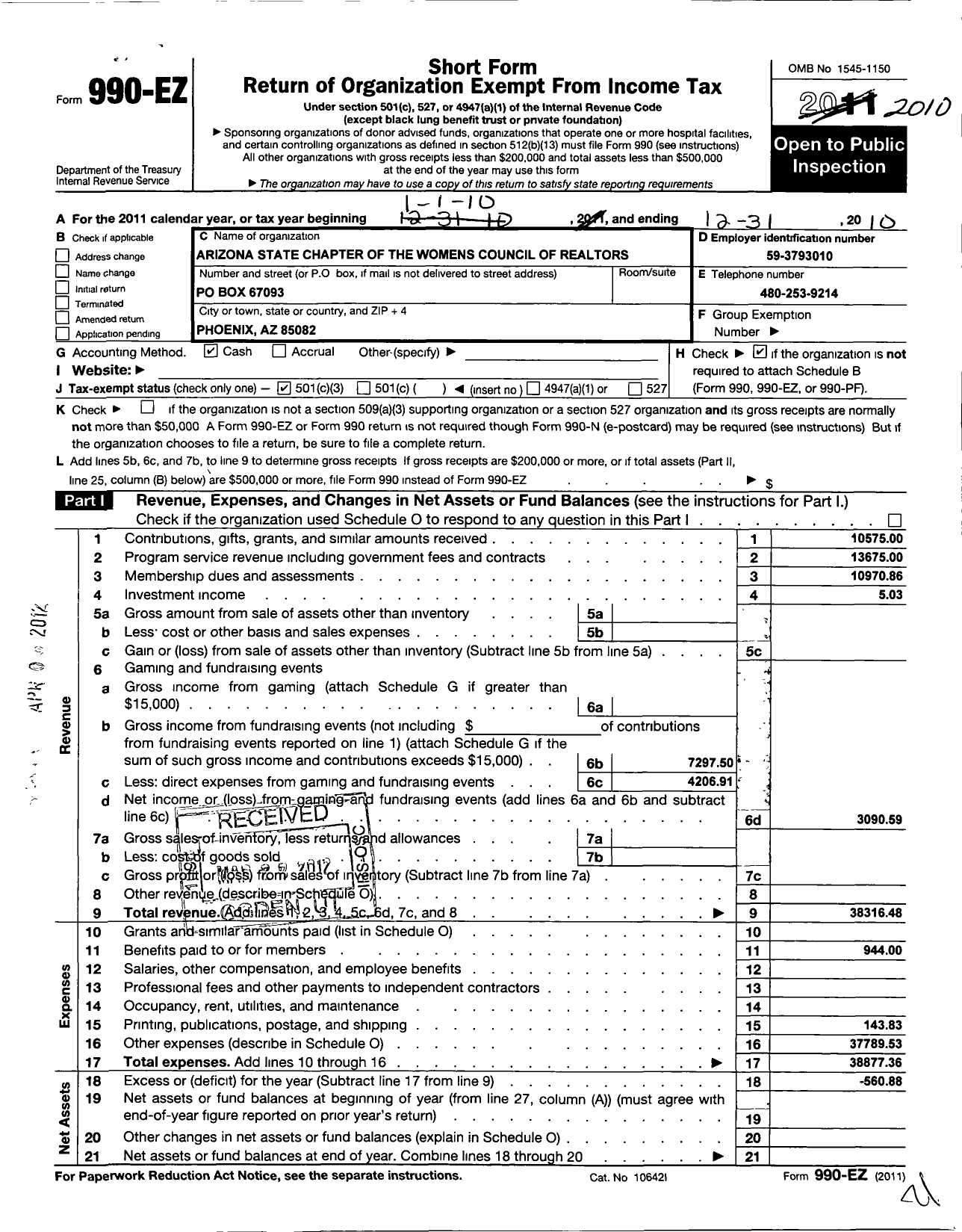 Image of first page of 2010 Form 990EZ for Arizona State Chapter of Womens Council of Realtors