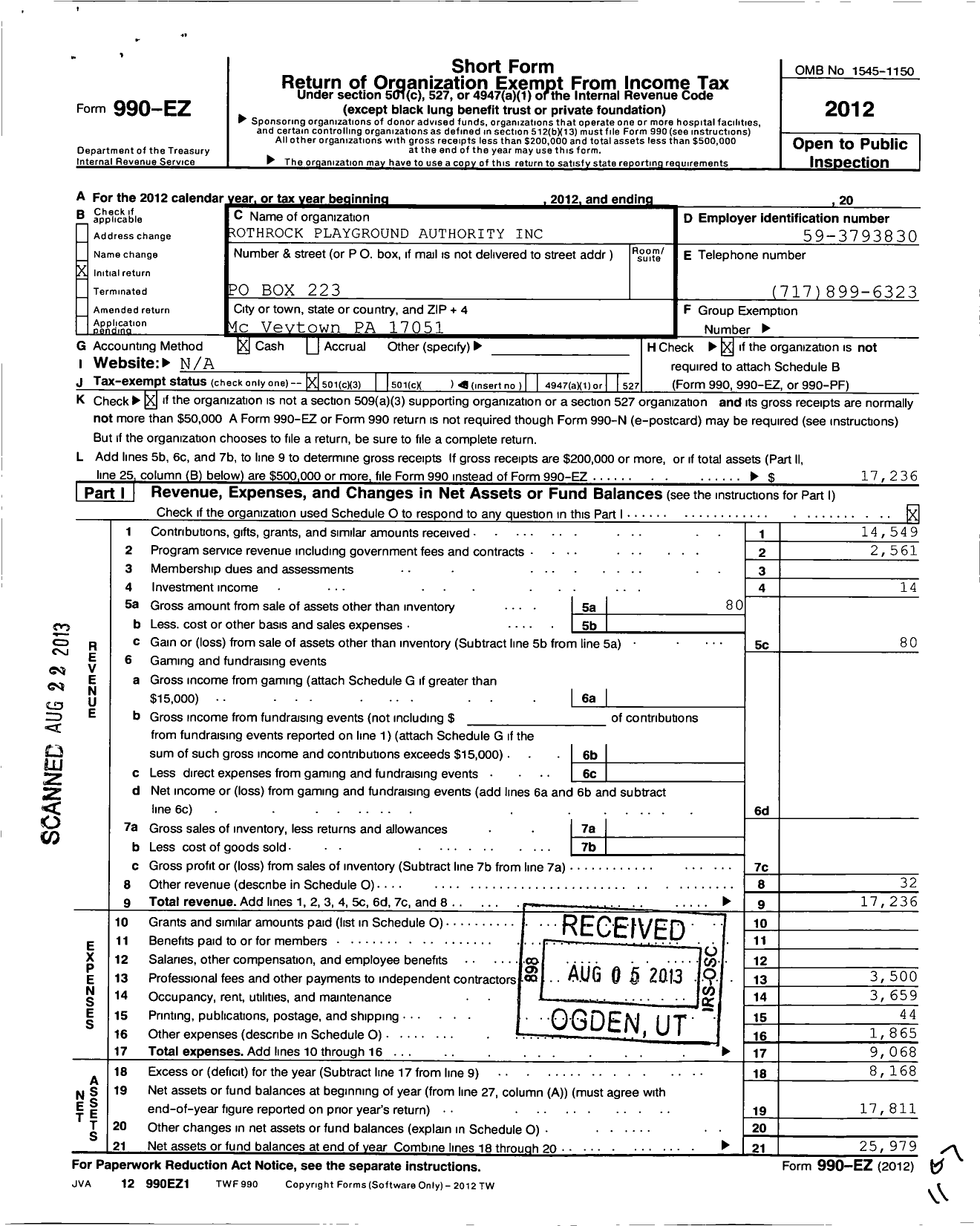 Image of first page of 2012 Form 990EZ for Rothrock Playground Authority