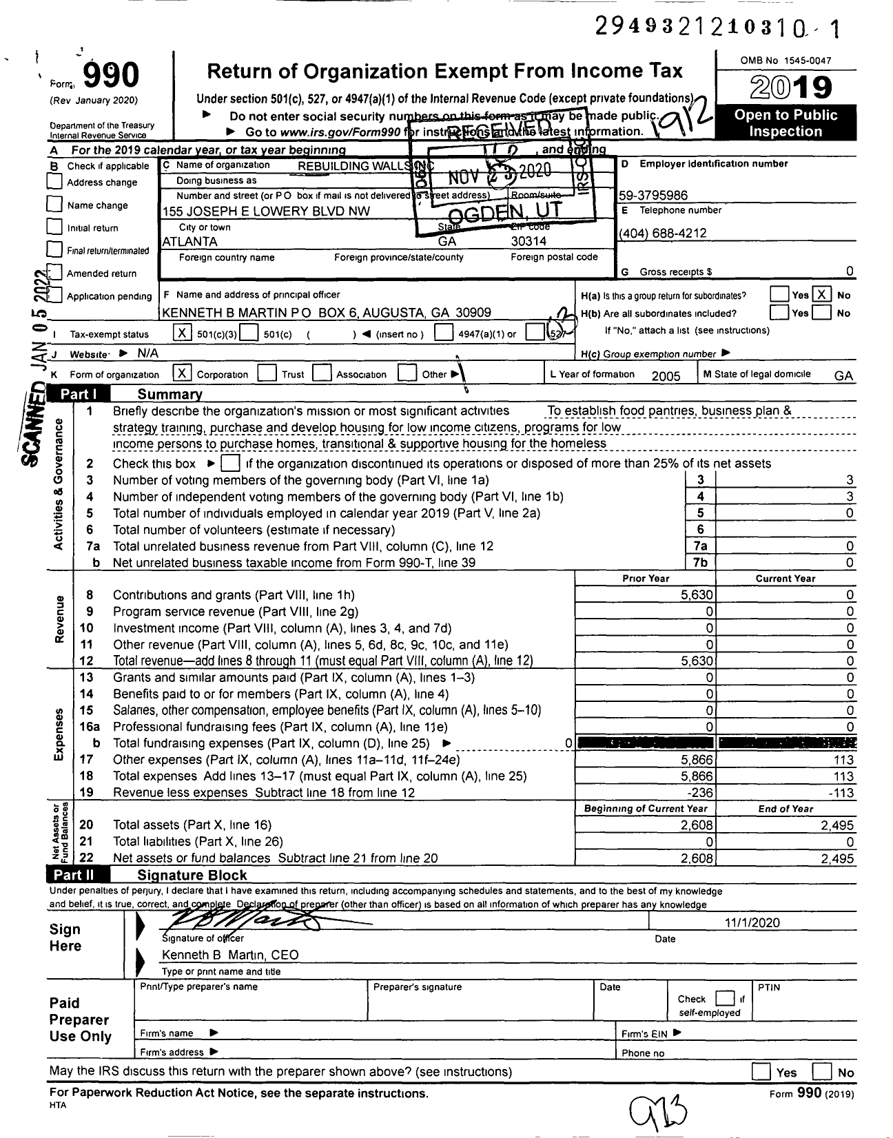 Image of first page of 2019 Form 990 for Rebuilding Walls