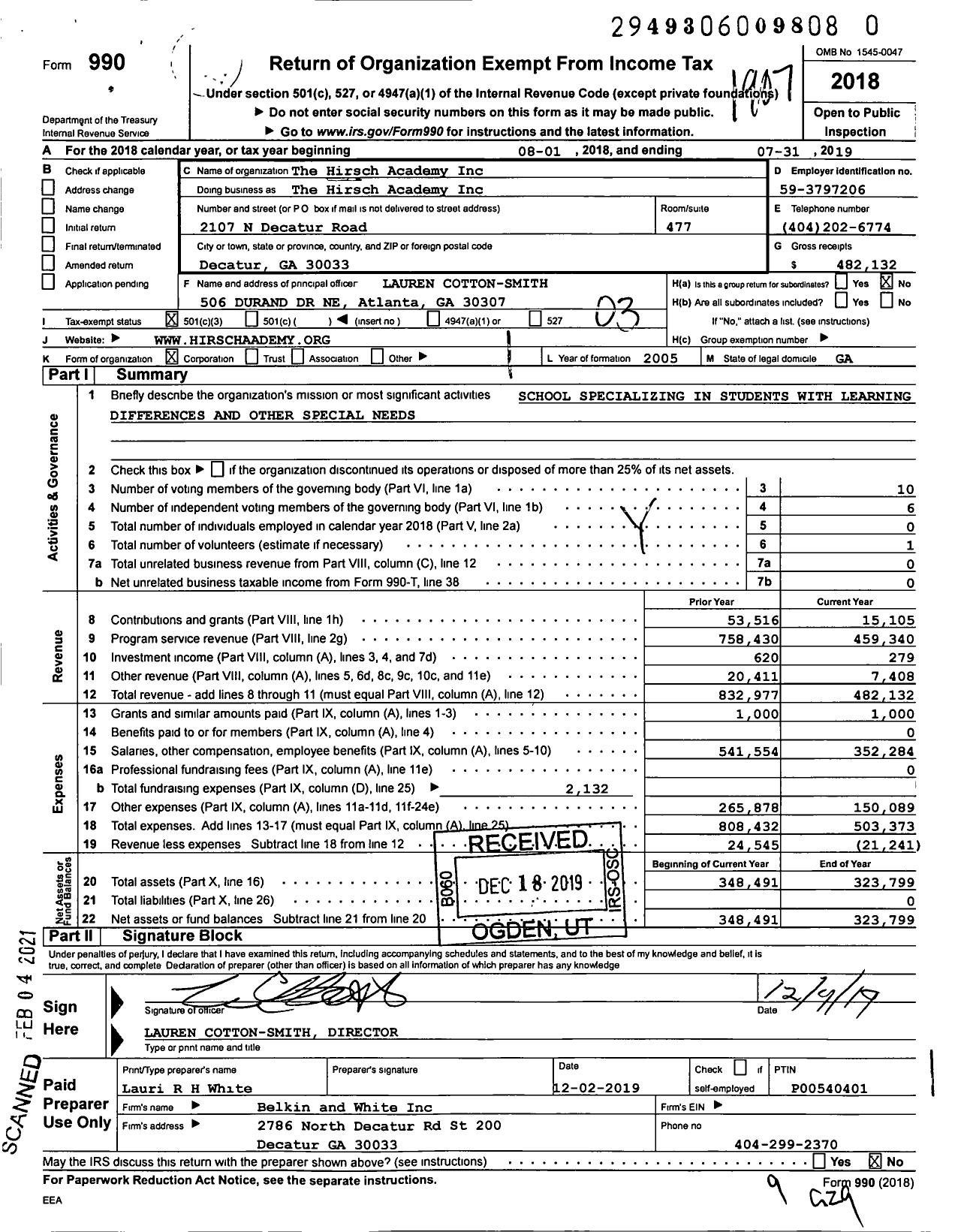 Image of first page of 2018 Form 990 for The Hirsch Academy