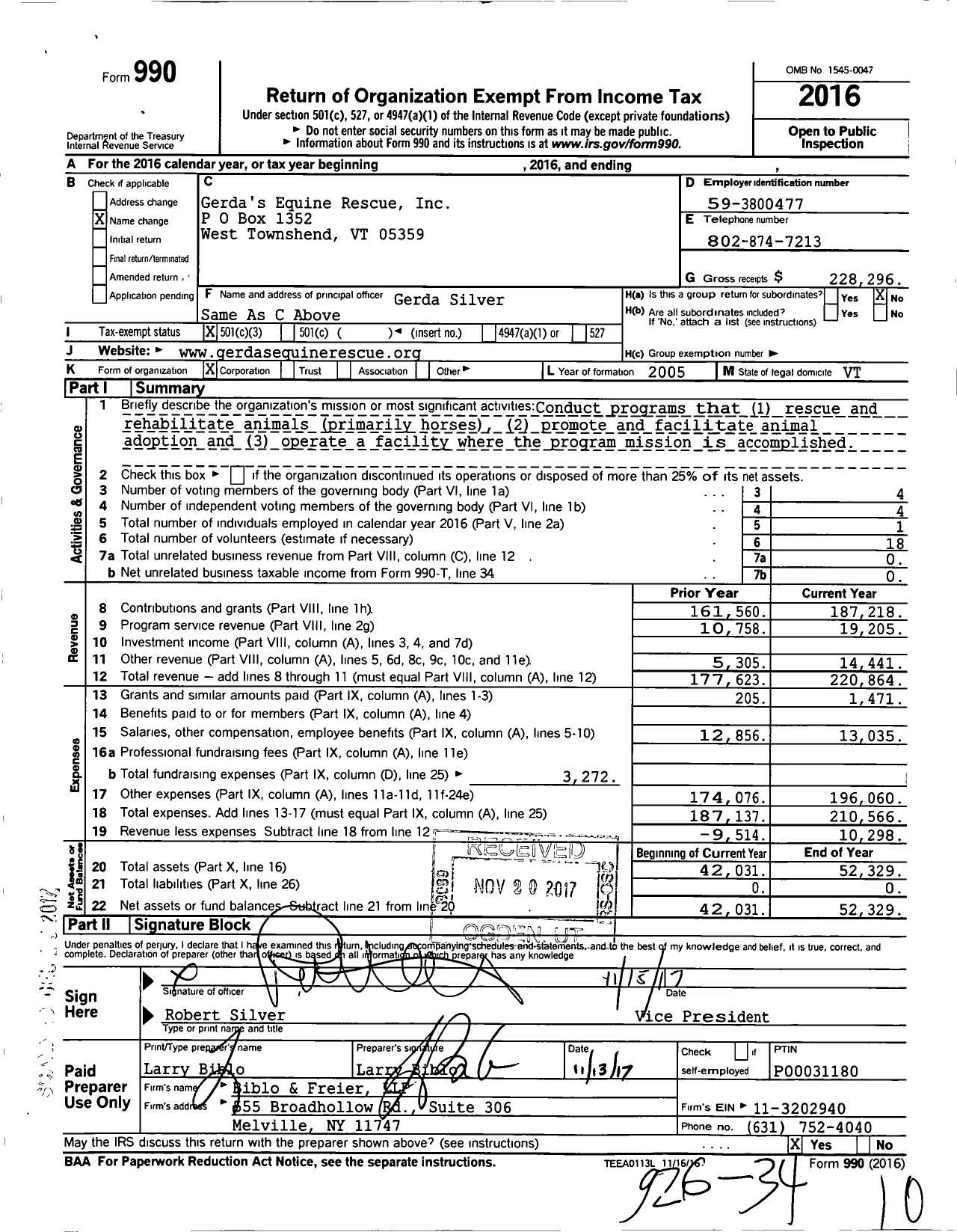 Image of first page of 2016 Form 990 for Gerdas Equine Rescue