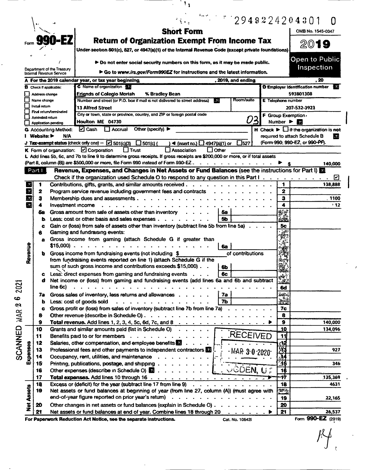 Image of first page of 2019 Form 990EZ for Friends of Colegio Moriah