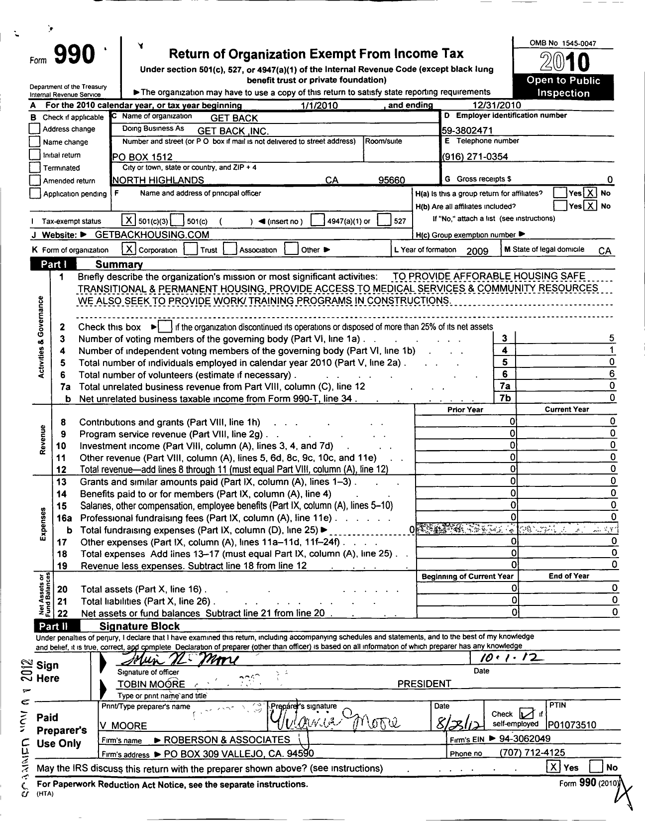 Image of first page of 2010 Form 990 for Get Back