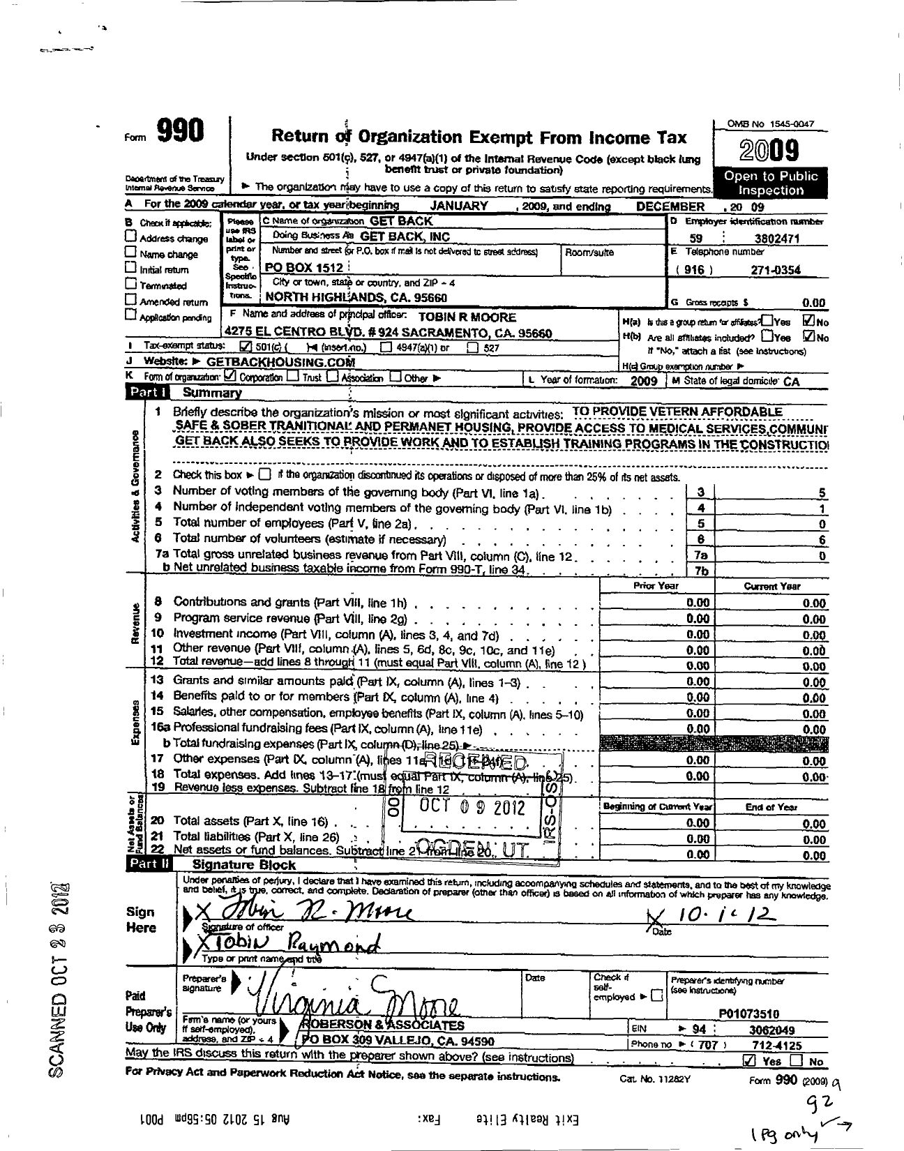 Image of first page of 2009 Form 990 for Get Back