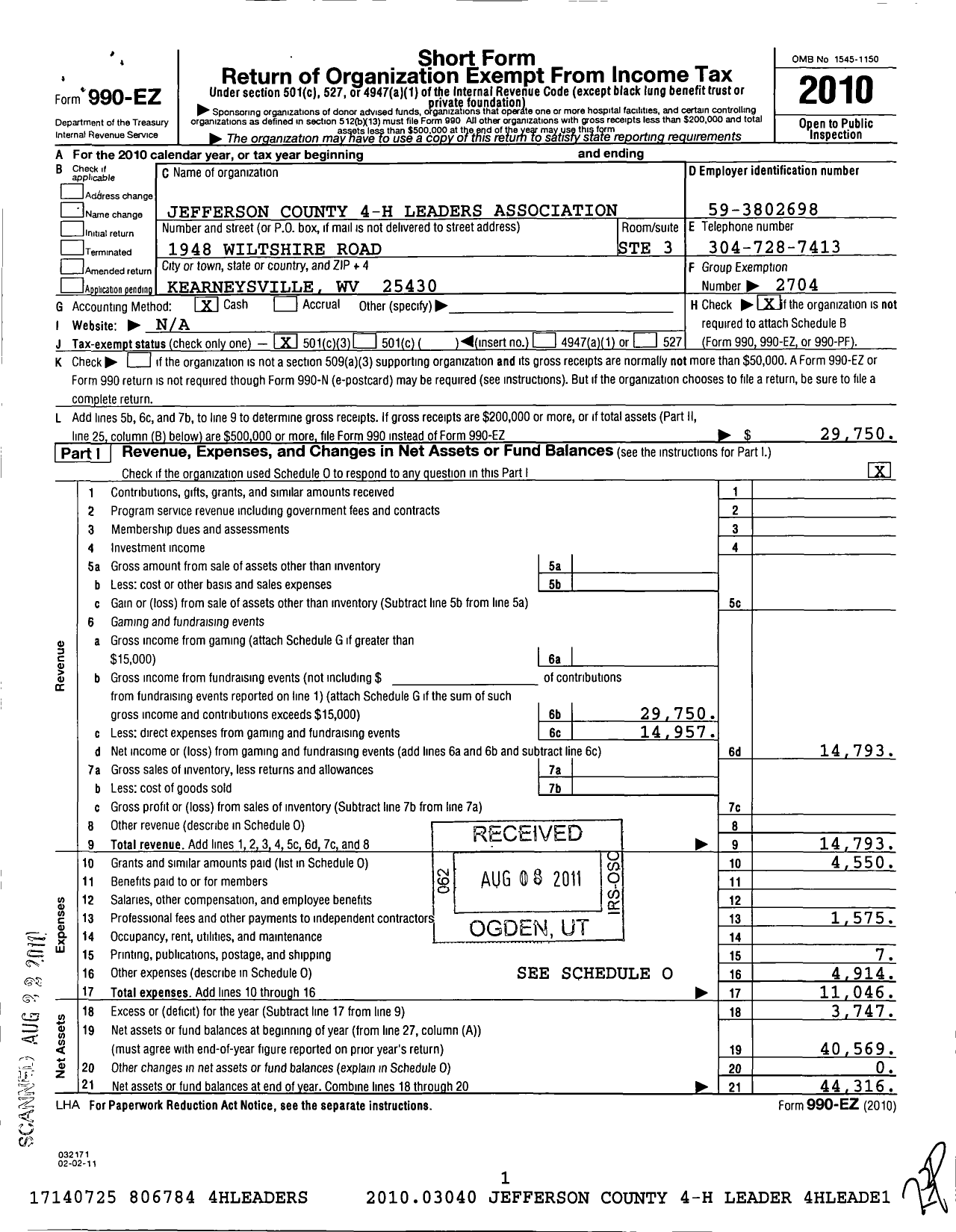 Image of first page of 2010 Form 990EZ for State of West Virginia West Virginia University / Jefferson County 4-H Leaders Assoc