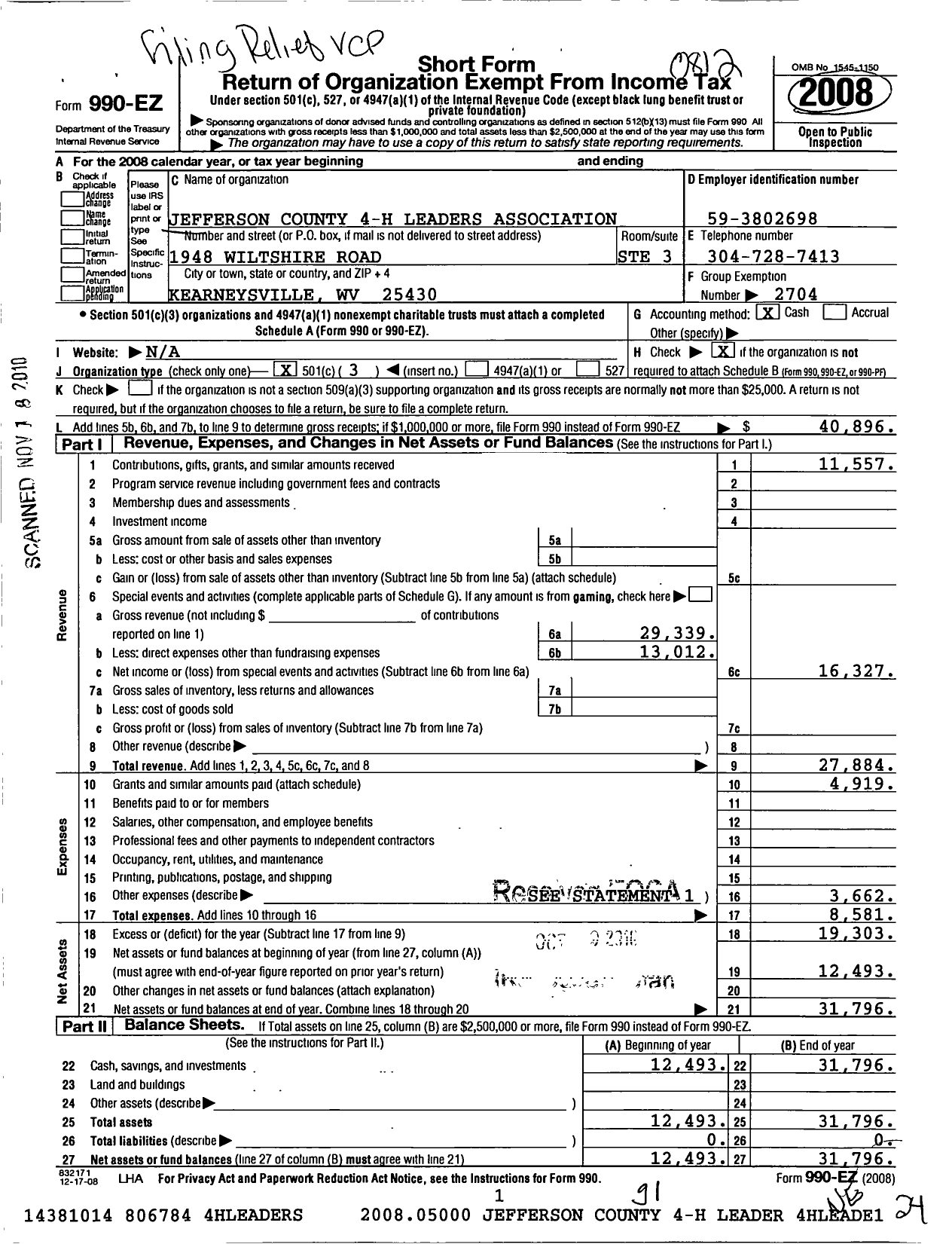 Image of first page of 2008 Form 990EZ for State of West Virginia West Virginia University / Jefferson County 4-H Leaders Assoc