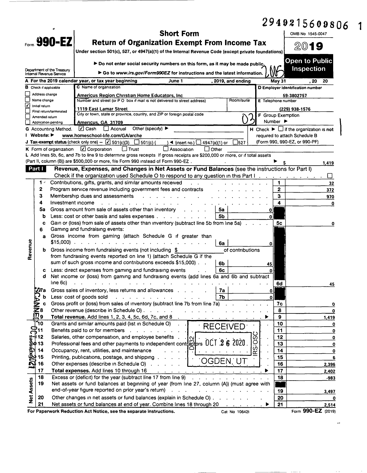 Image of first page of 2019 Form 990EZ for Americus Region Christian Home Educators