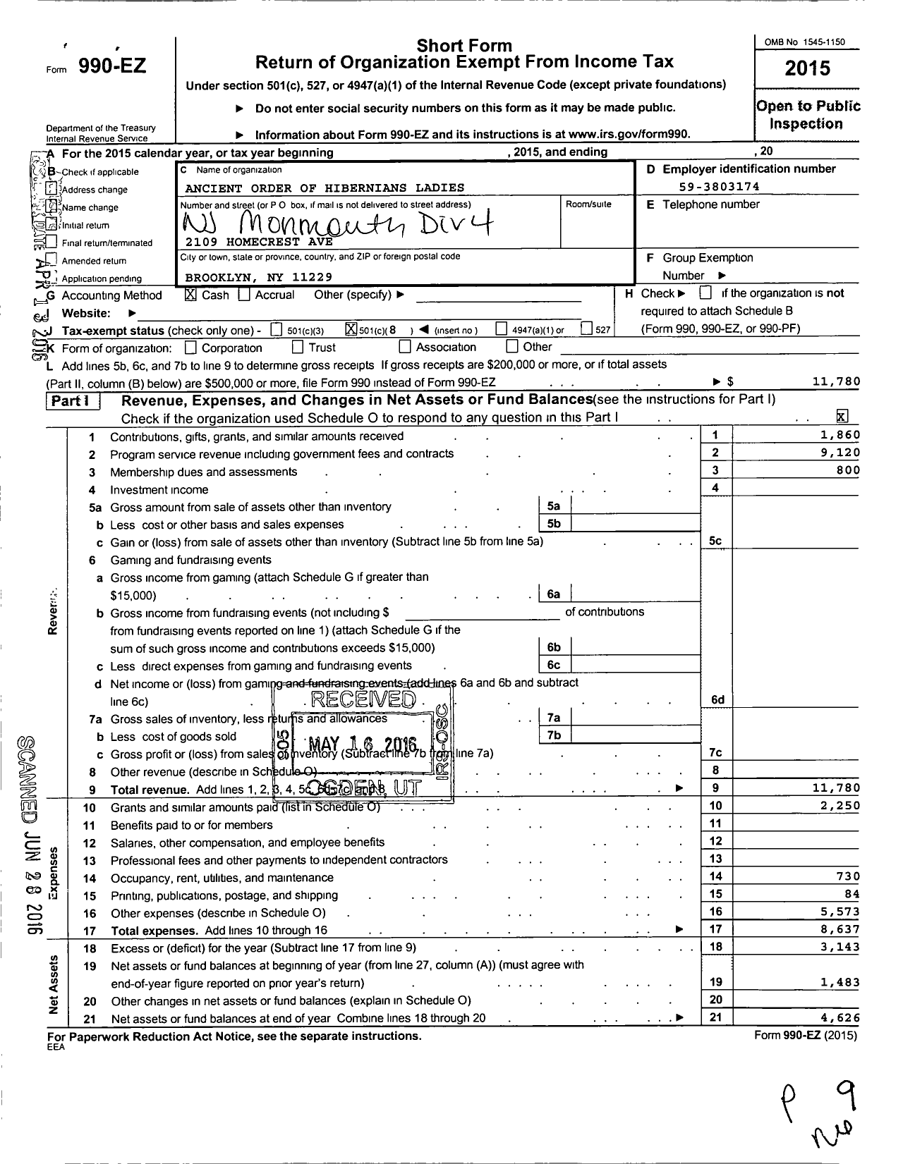 Image of first page of 2015 Form 990EO for Ancient Order of Hibernians Ladies / 4 Div St Bridgets Monmouth NJ